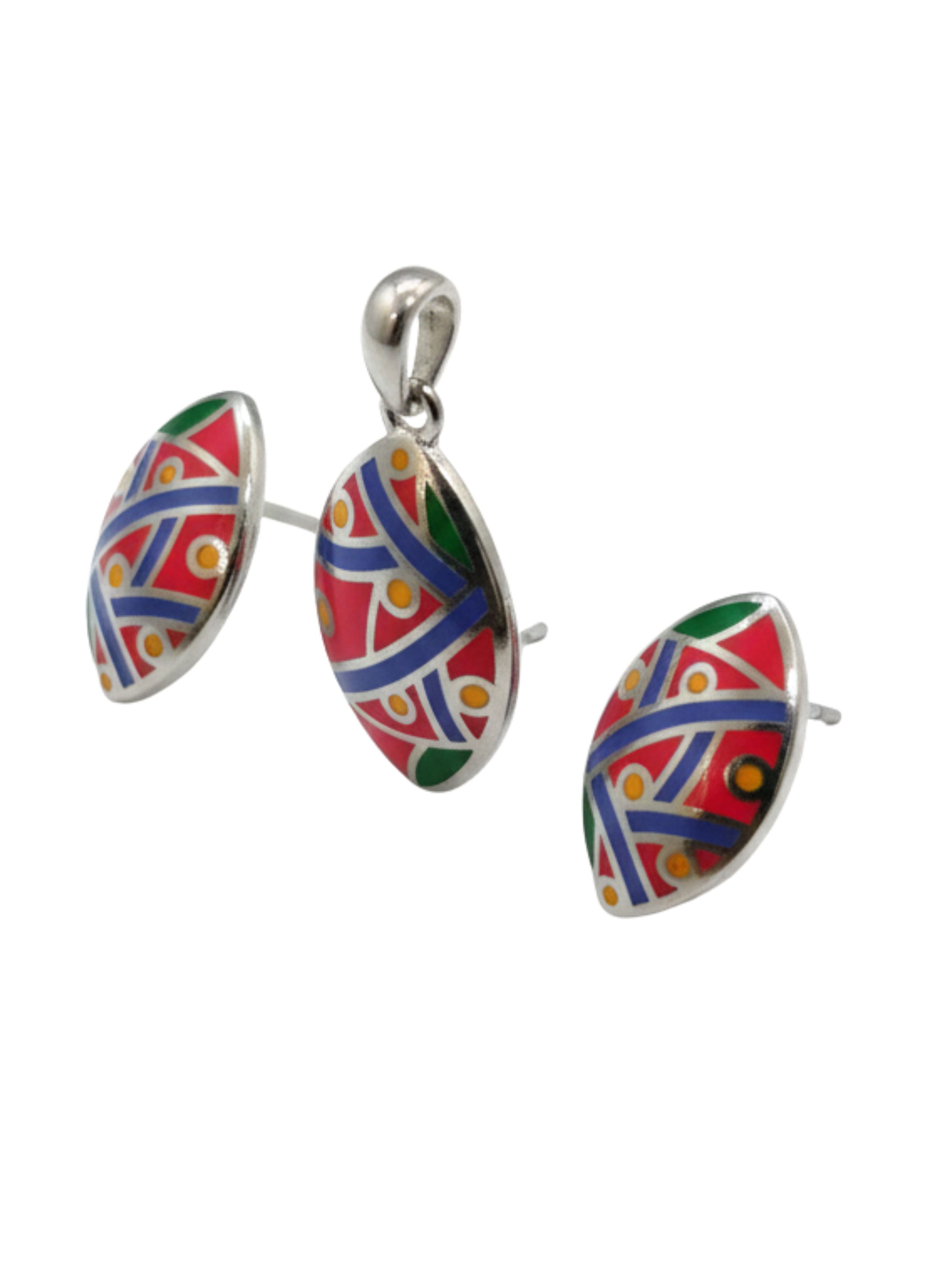 Artisan Hand-Enameled Abstract Pendant and Earring Set in 925 Silver