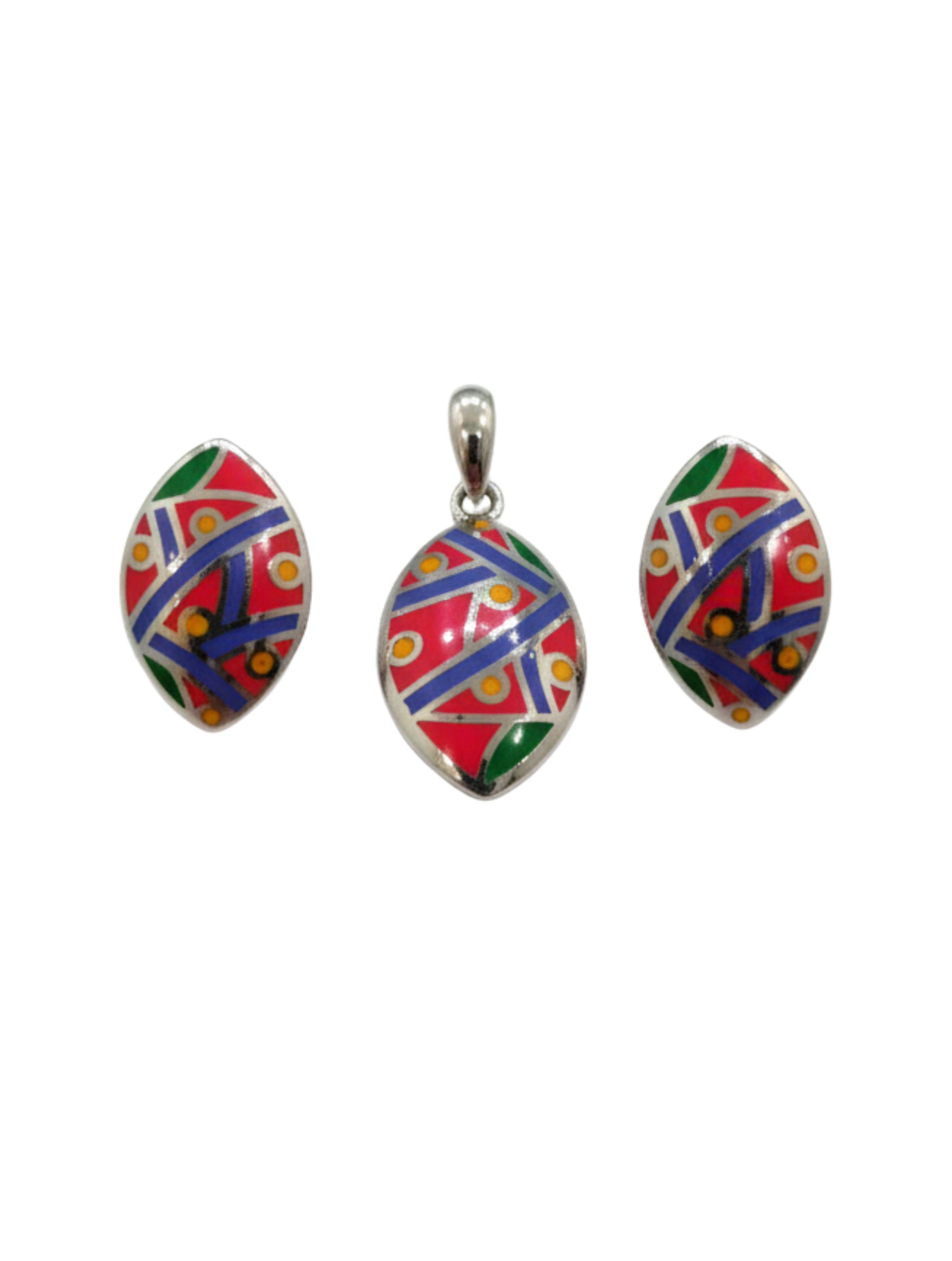 Artisan Hand-Enameled Abstract Pendant and Earring Set in 925 Silver