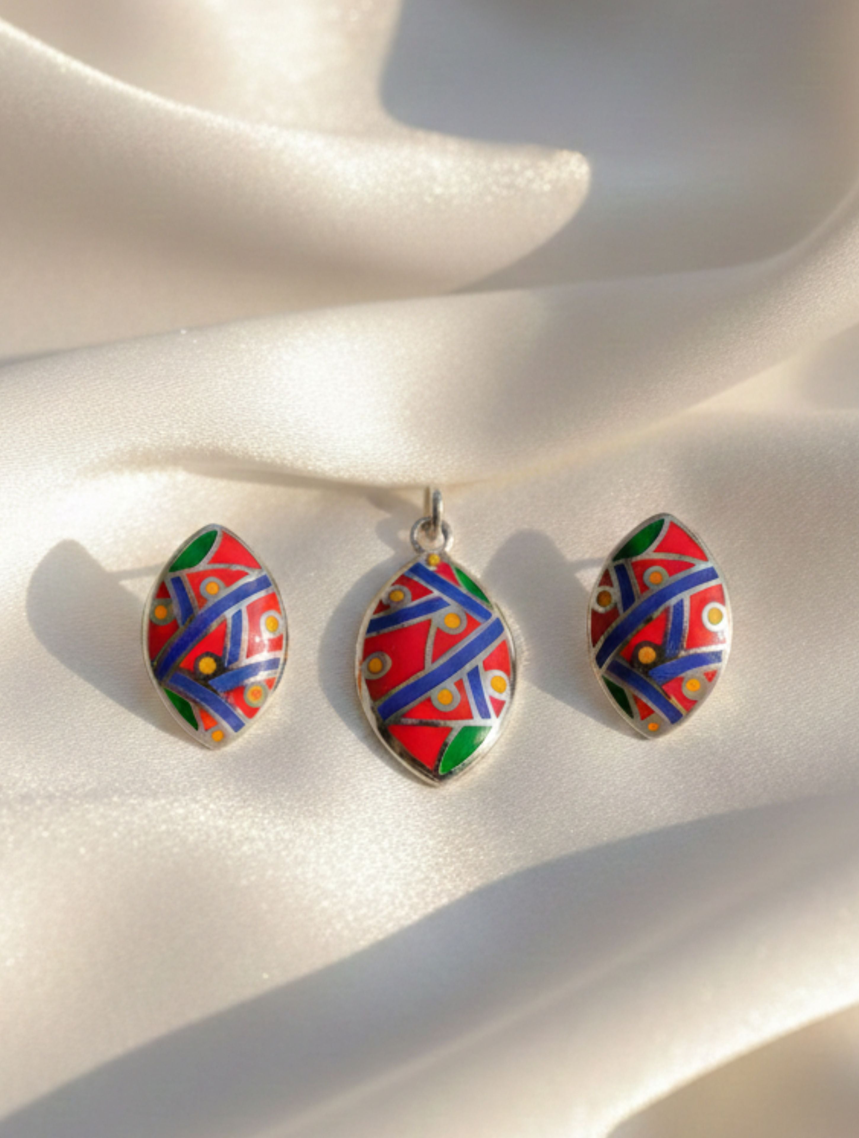 Artisan Hand-Enameled Abstract Pendant and Earring Set in 925 Silver