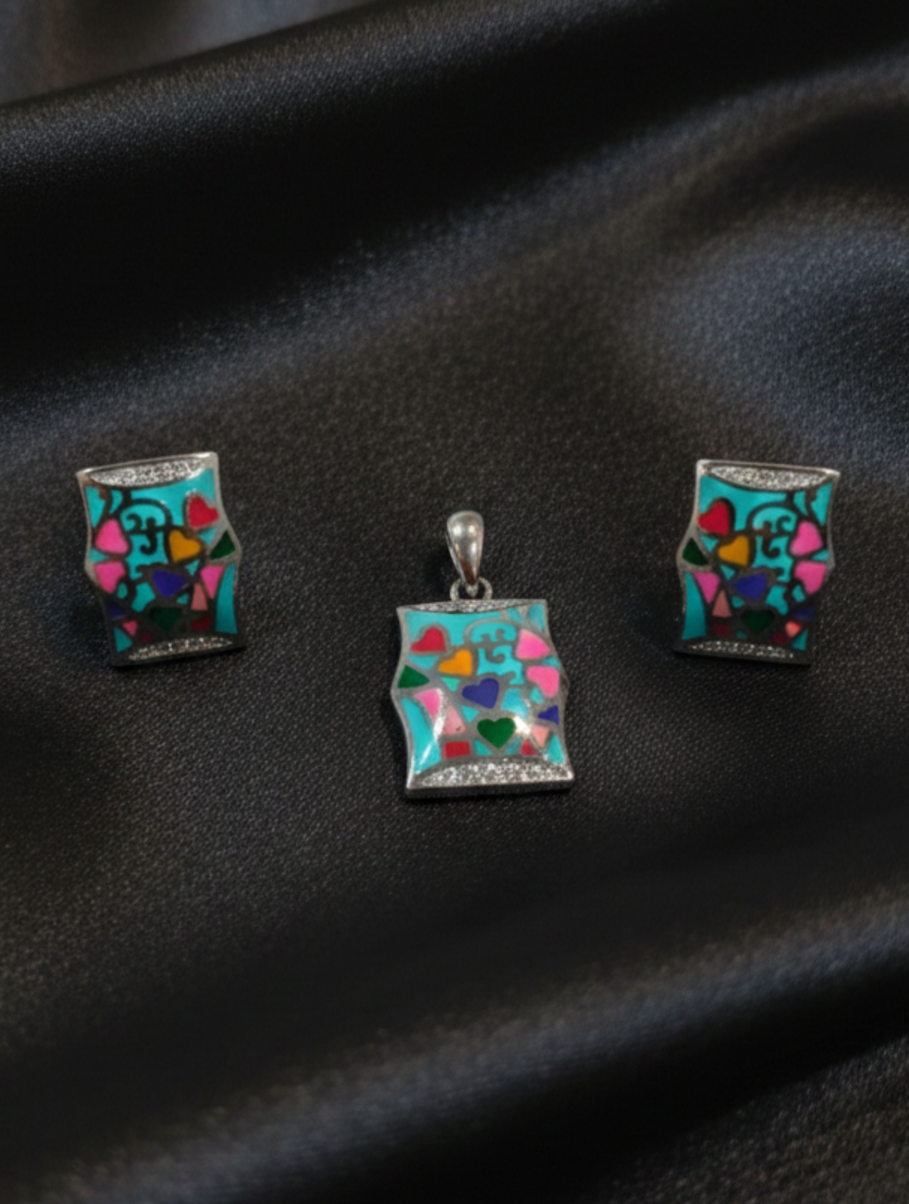 Tree of Hearts Enamel Pendant and Earring Set | 925 Sterling Silver