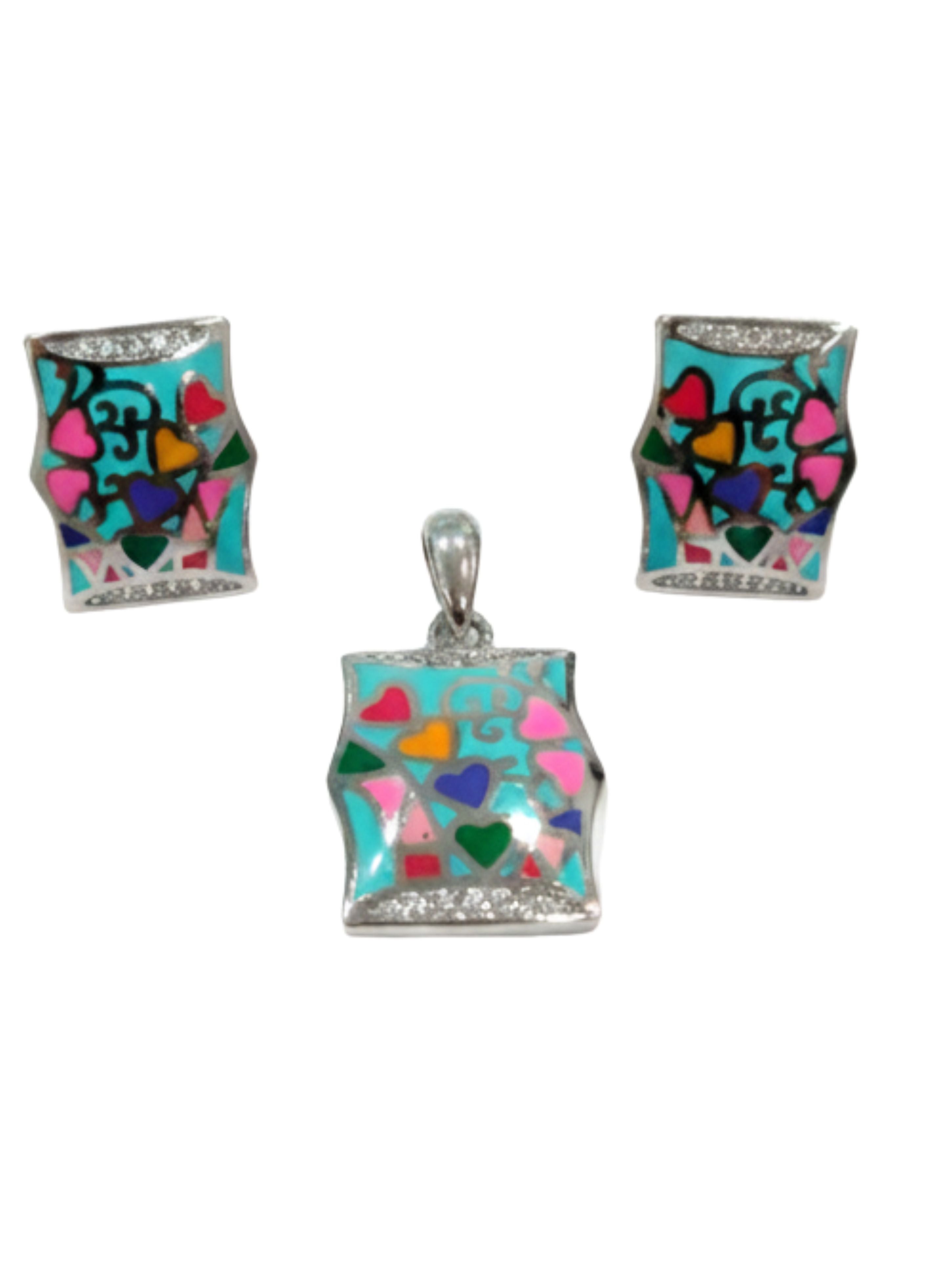 Tree of Hearts Enamel Pendant and Earring Set | 925 Sterling Silver