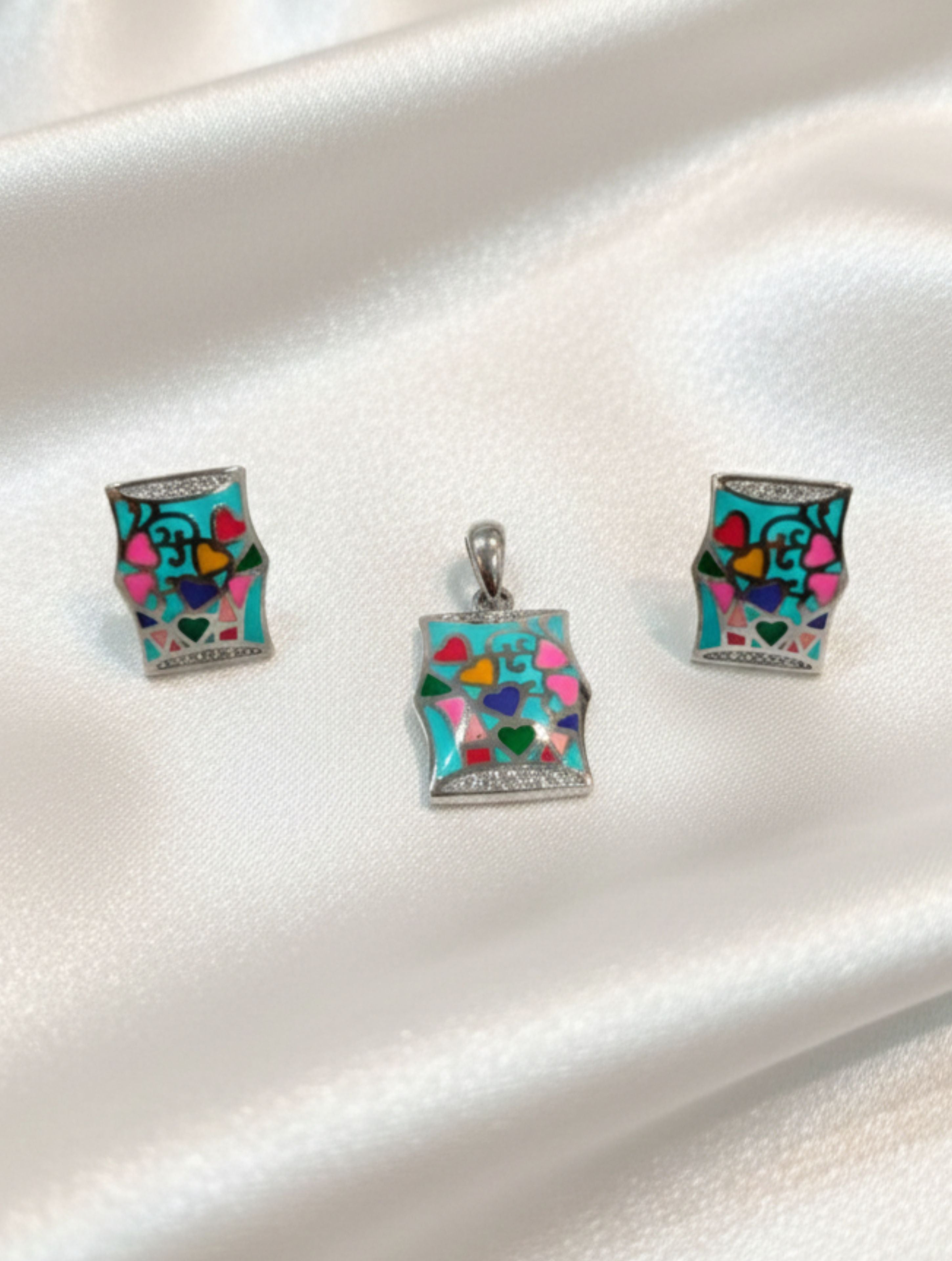 Tree of Hearts Enamel Pendant and Earring Set | 925 Sterling Silver