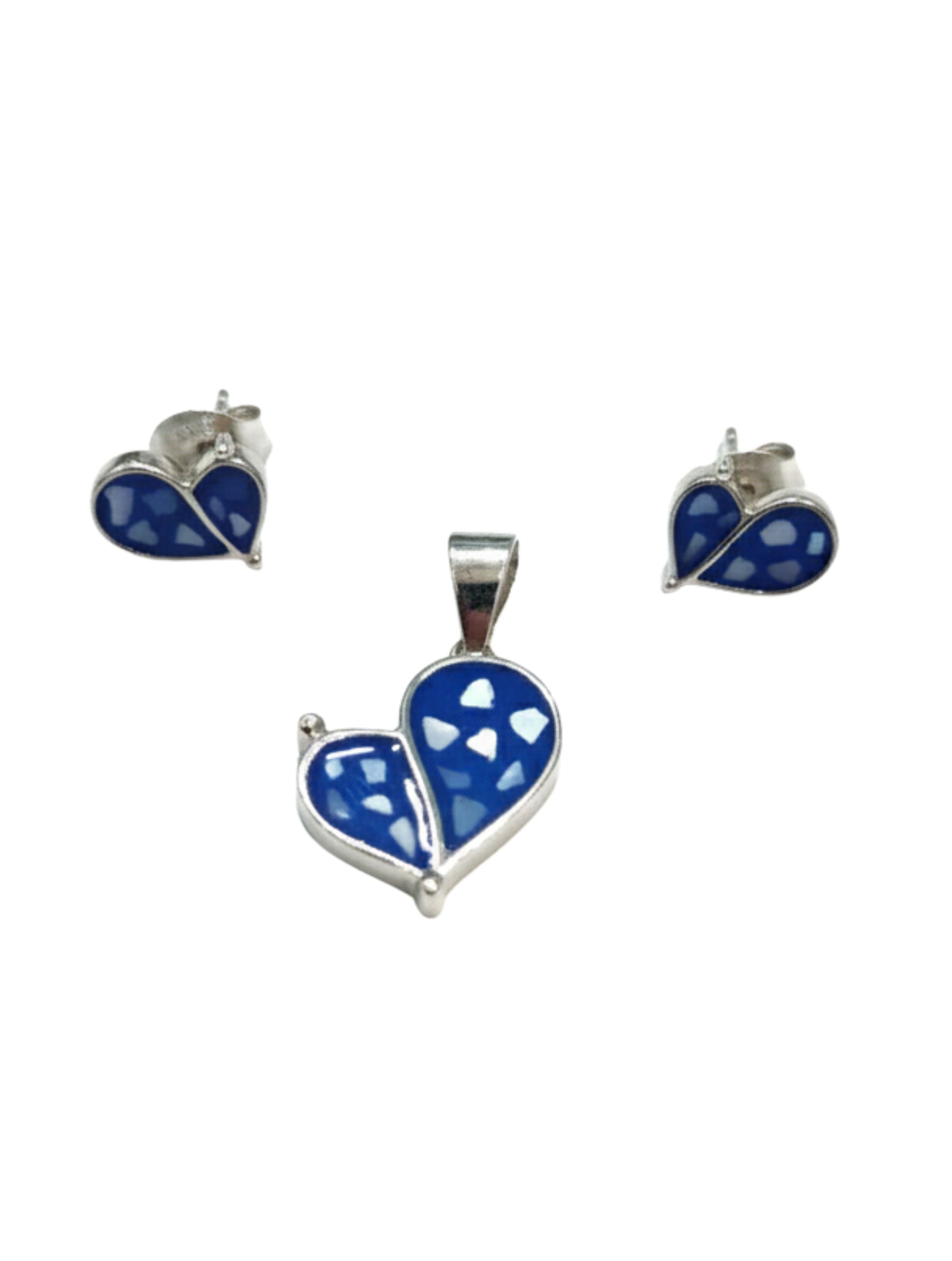 925 Sterling Silver Blue Mosaic Heart Pendant & Stud Earring Set
