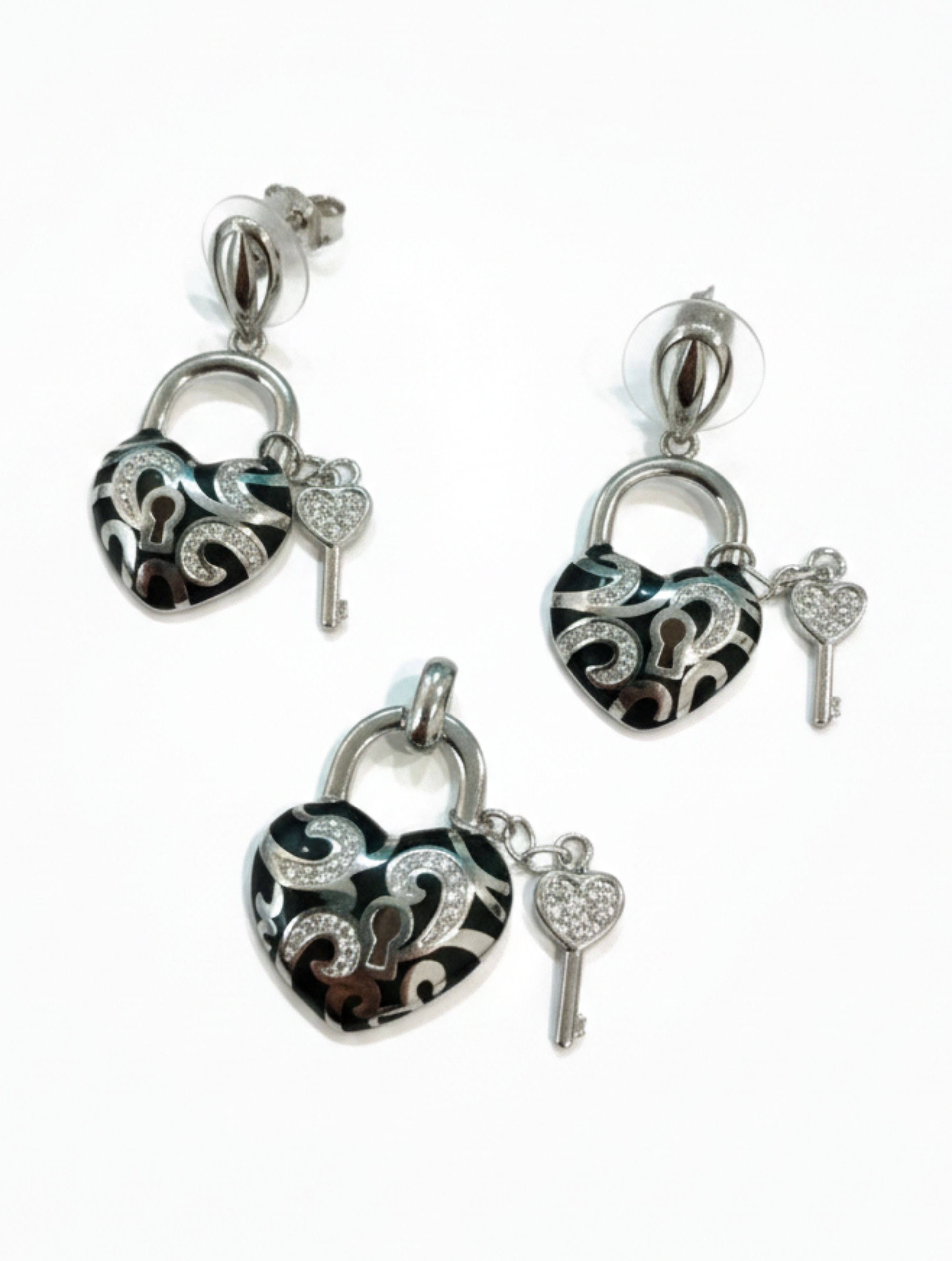 Enchanted Heart Lock & Key Jewelry Set – 925 Sterling Silver & Black Enamel with CZ Accents