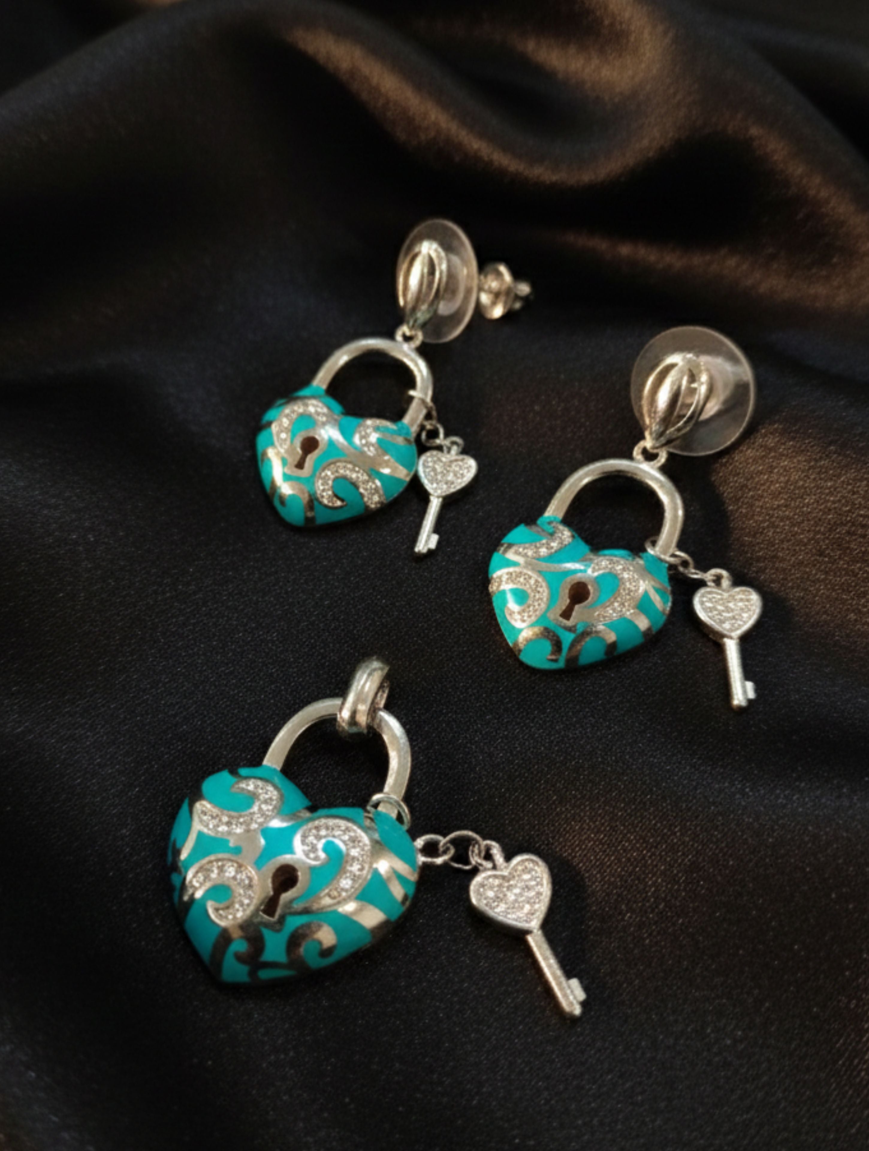 Turquoise Enamel & CZ Heart Padlock Pendant and Earrings Set in Sterling Silver