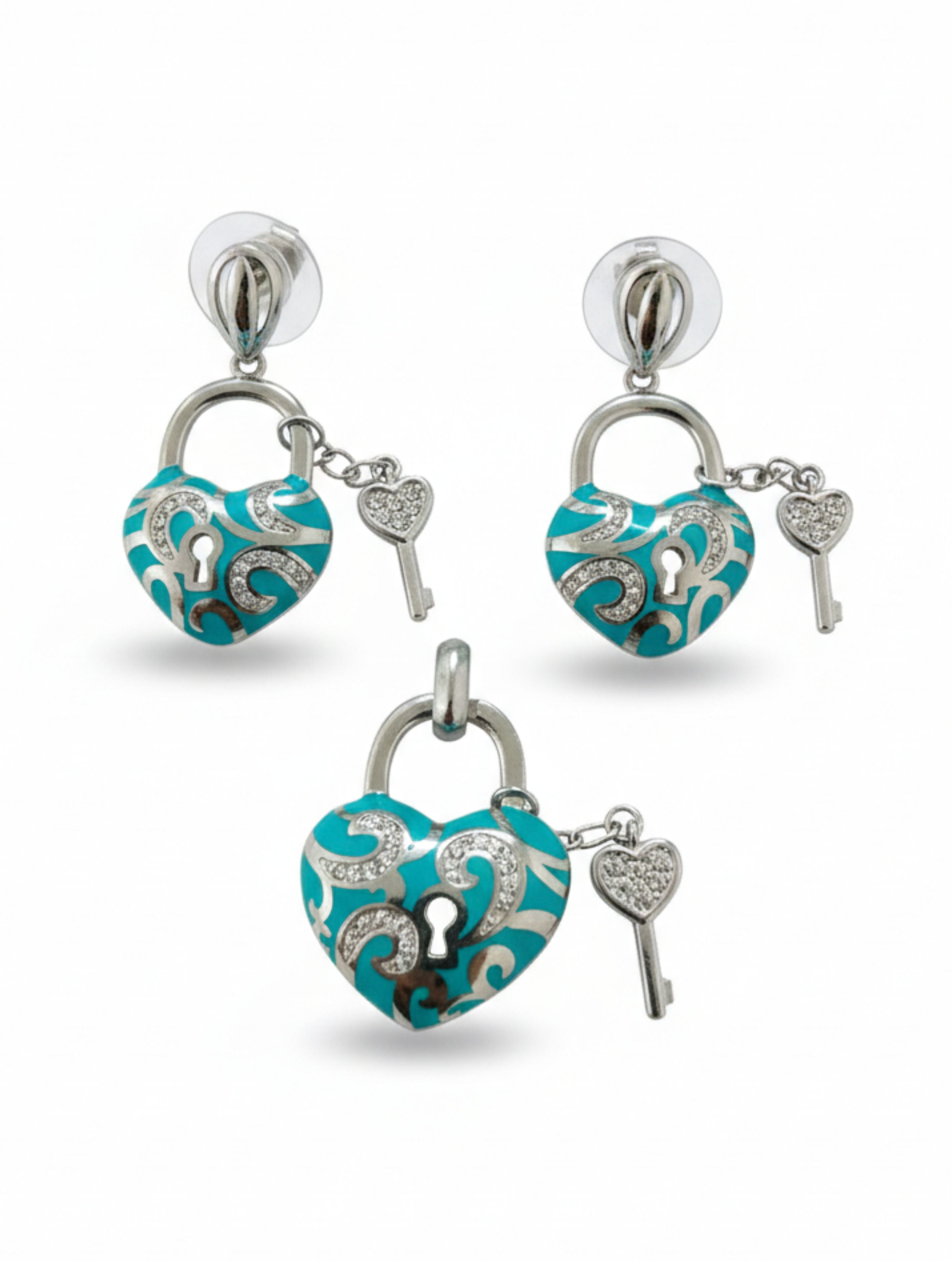 Turquoise Enamel & CZ Heart Padlock Pendant and Earrings Set in Sterling Silver