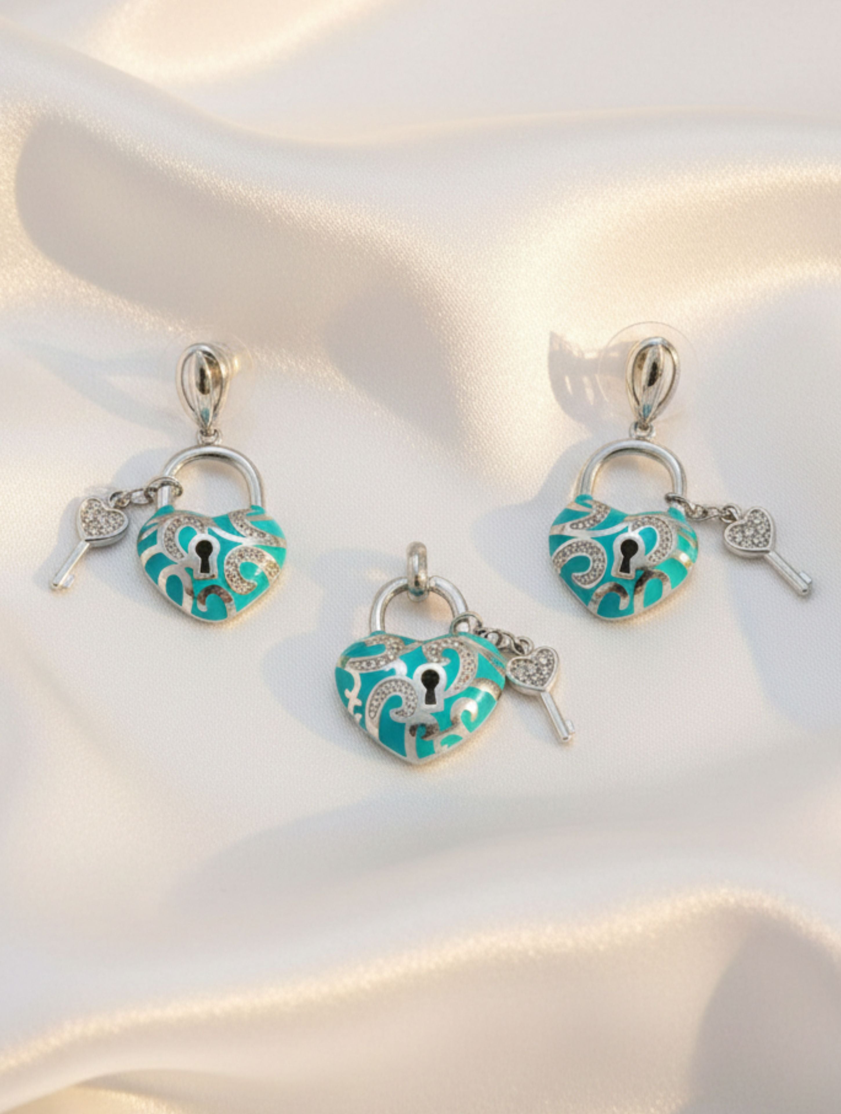 Turquoise Enamel & CZ Heart Padlock Pendant and Earrings Set in Sterling Silver