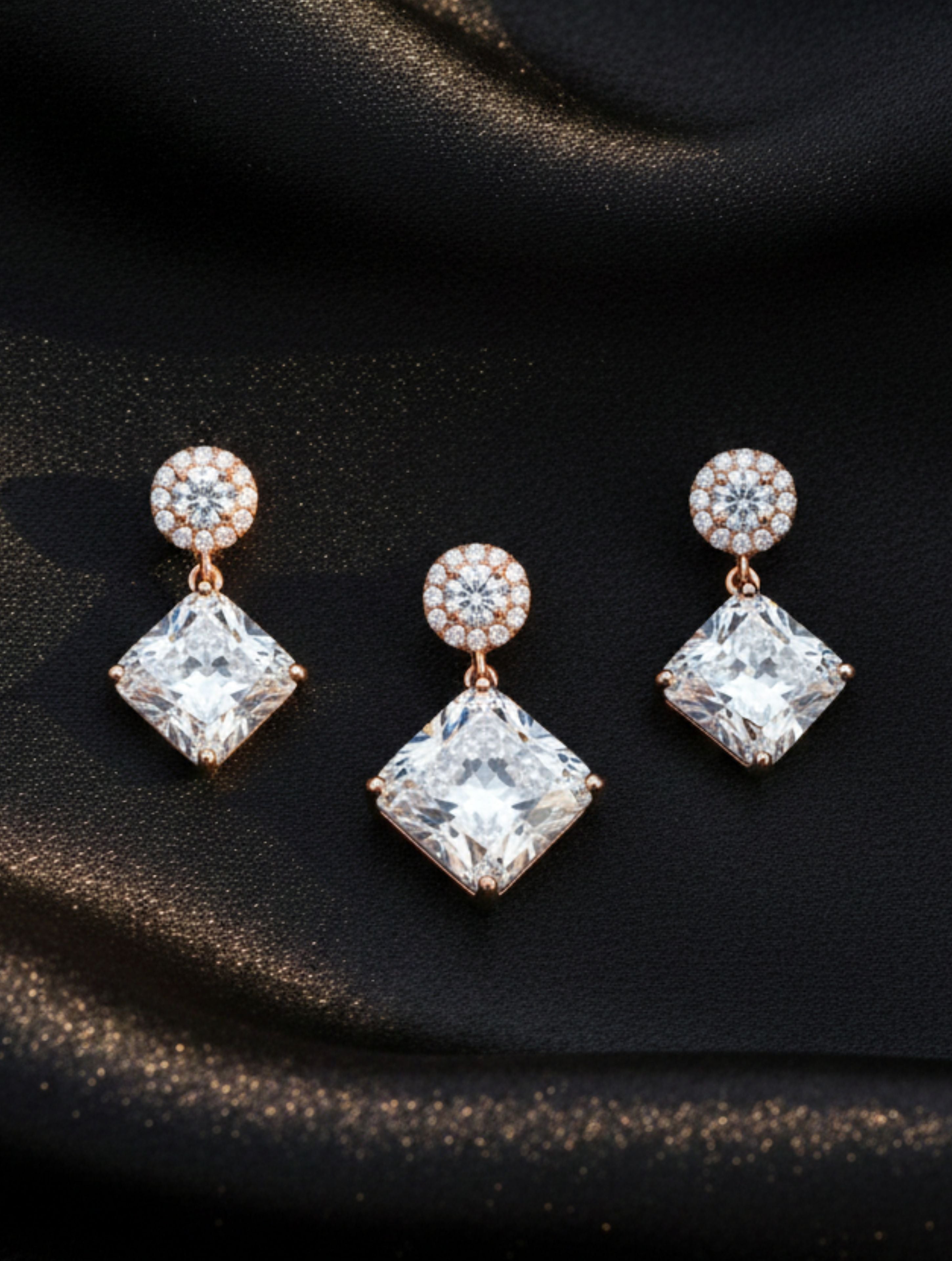 Rose Gold Sterling Silver Princess-Cut Halo Drop Pendant & Earring Set