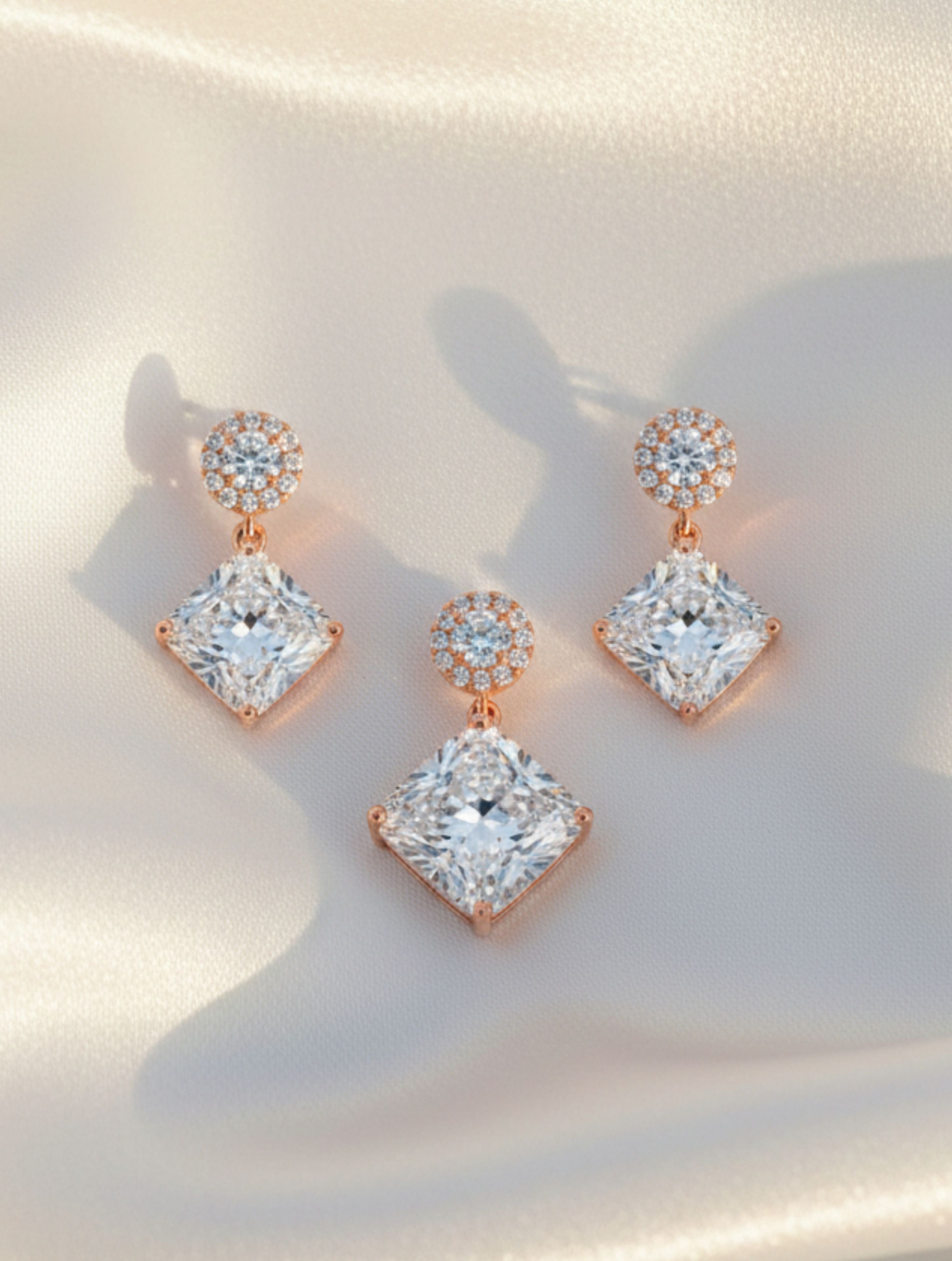 Rose Gold Sterling Silver Princess-Cut Halo Drop Pendant & Earring Set
