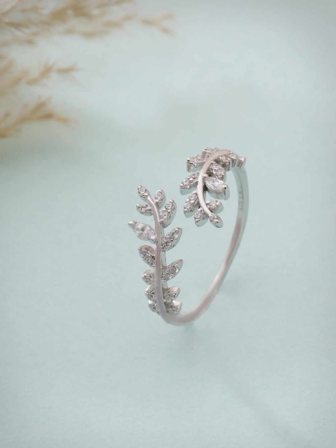 925 Sterling Silver Rhodium Plated Sparkling Olive Leaf Adjustable Ring