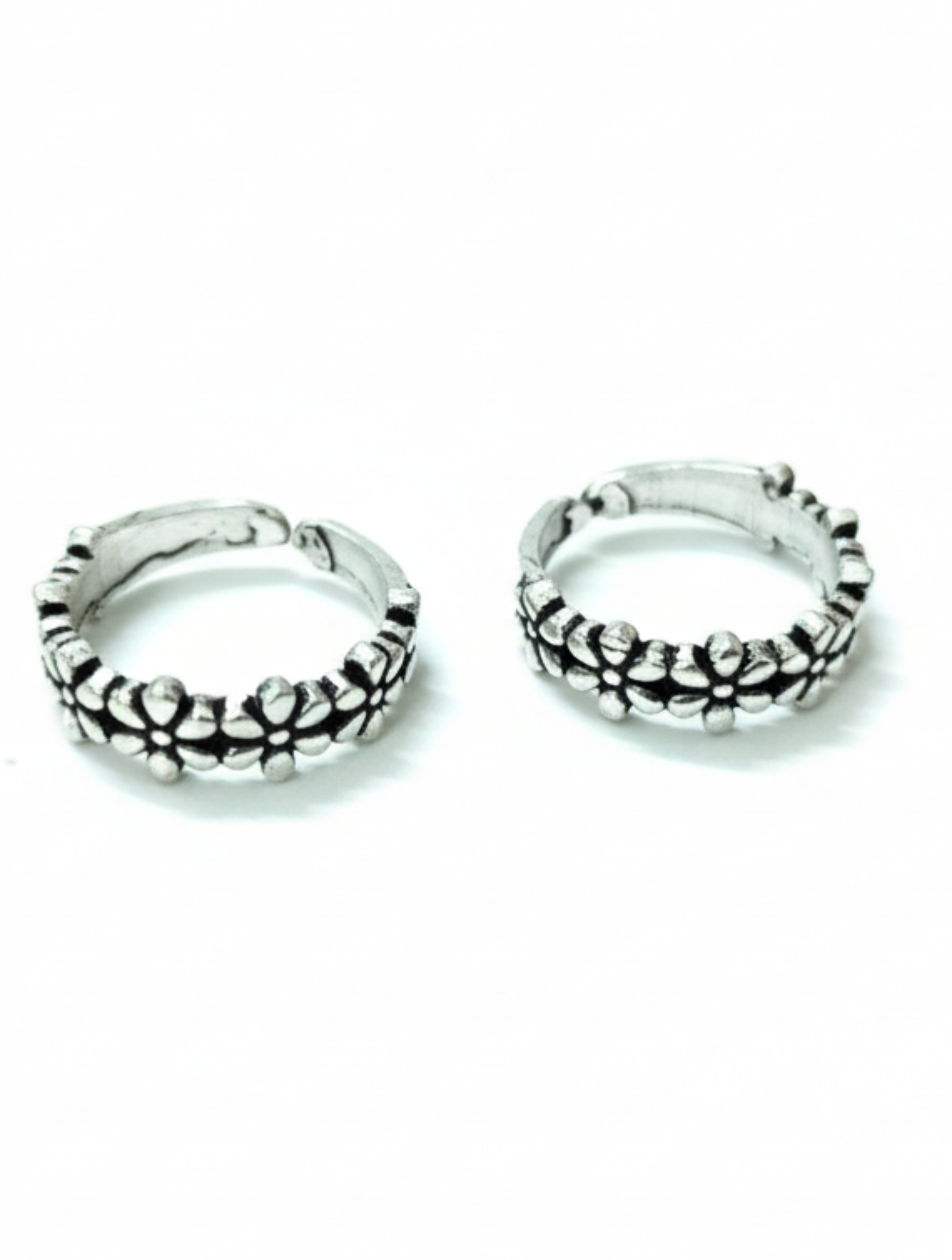 925 Sterling Silver Floral Pattern Adjustable Toe Rings (Pair)