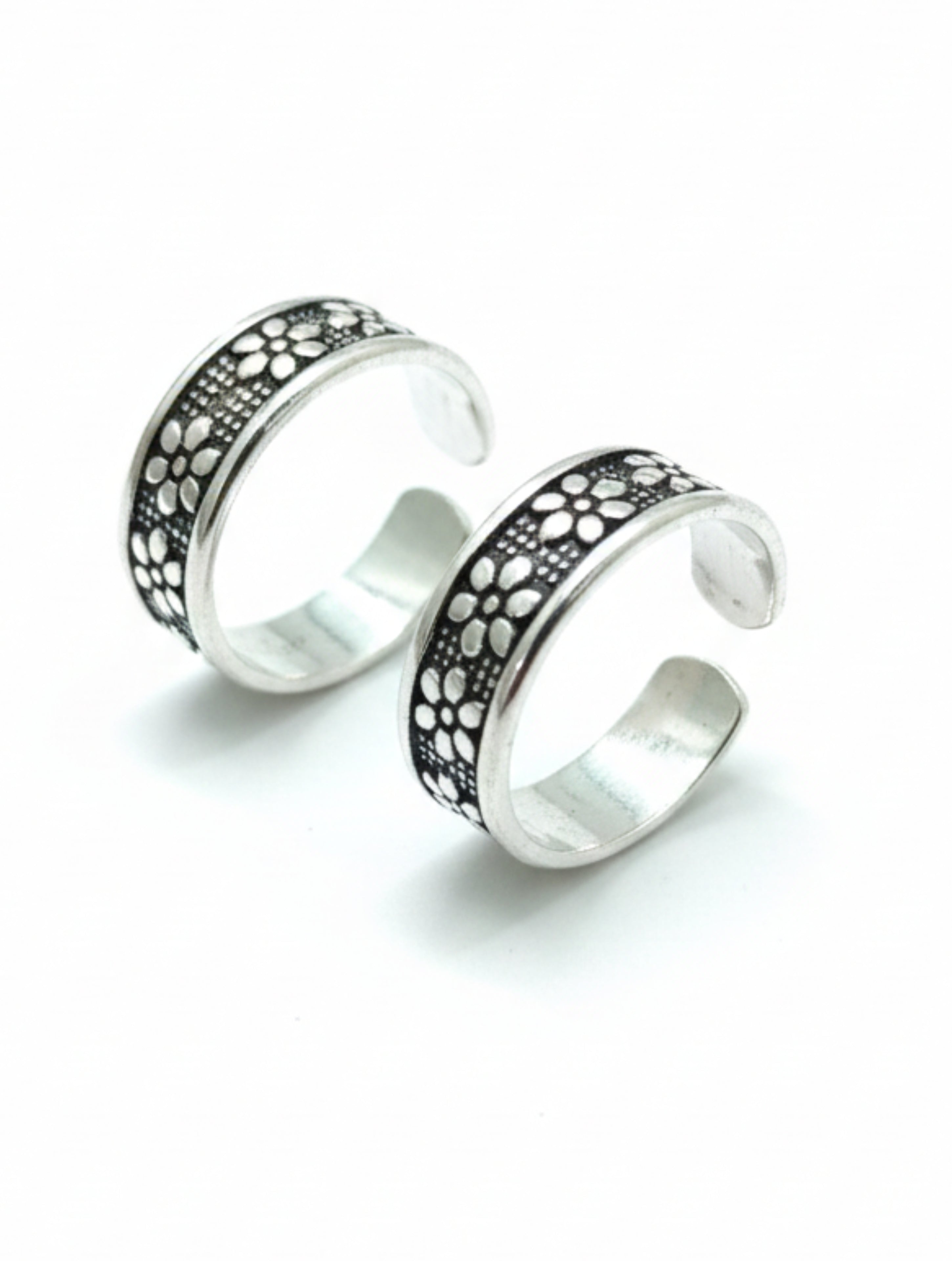 Floral Meadow Oxidized 925 Sterling Silver Adjustable Toe Rings (Pair)