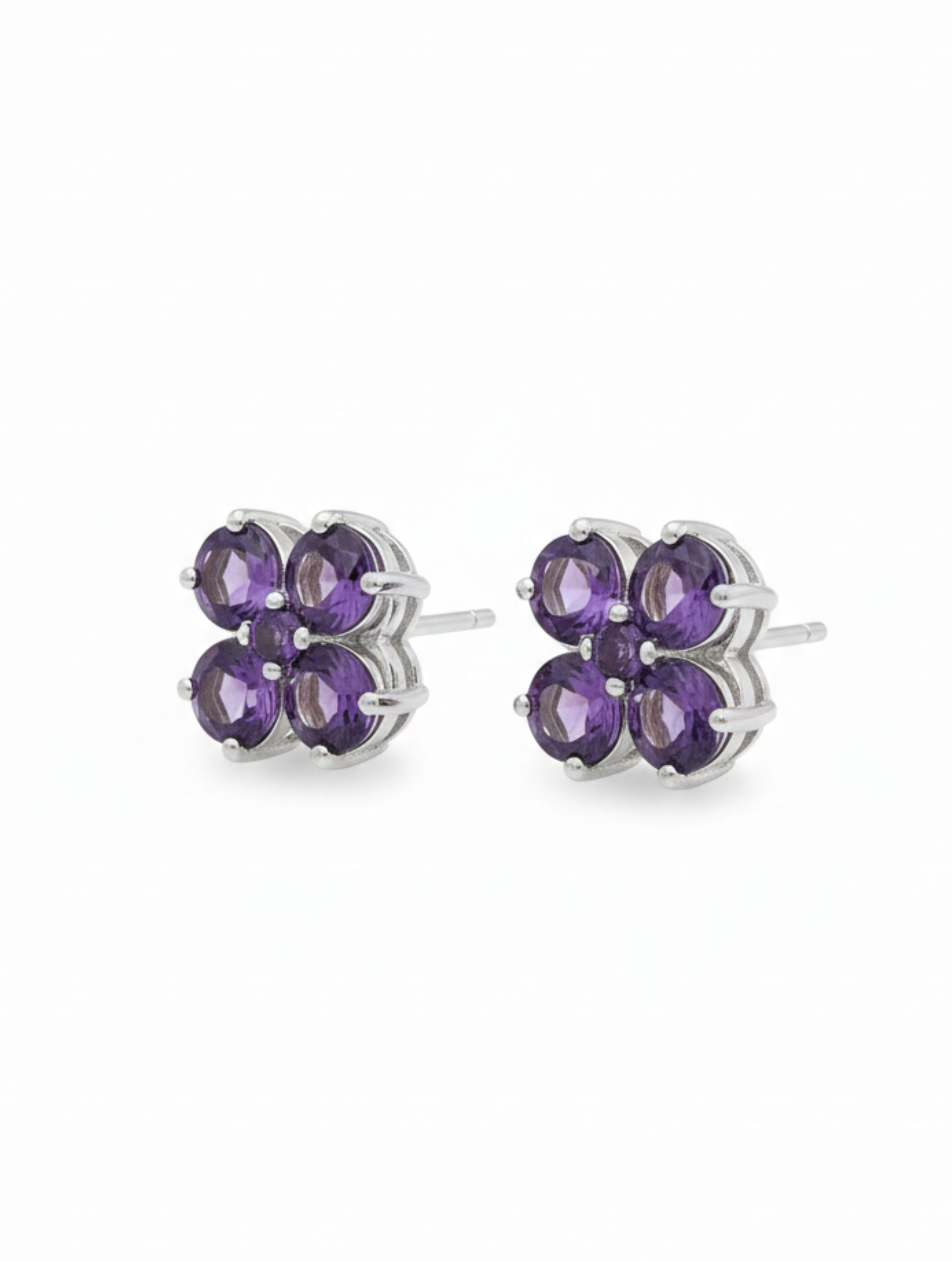 Natural Amethyst Four-Leaf Clover Stud Earrings in 925 Sterling Silver