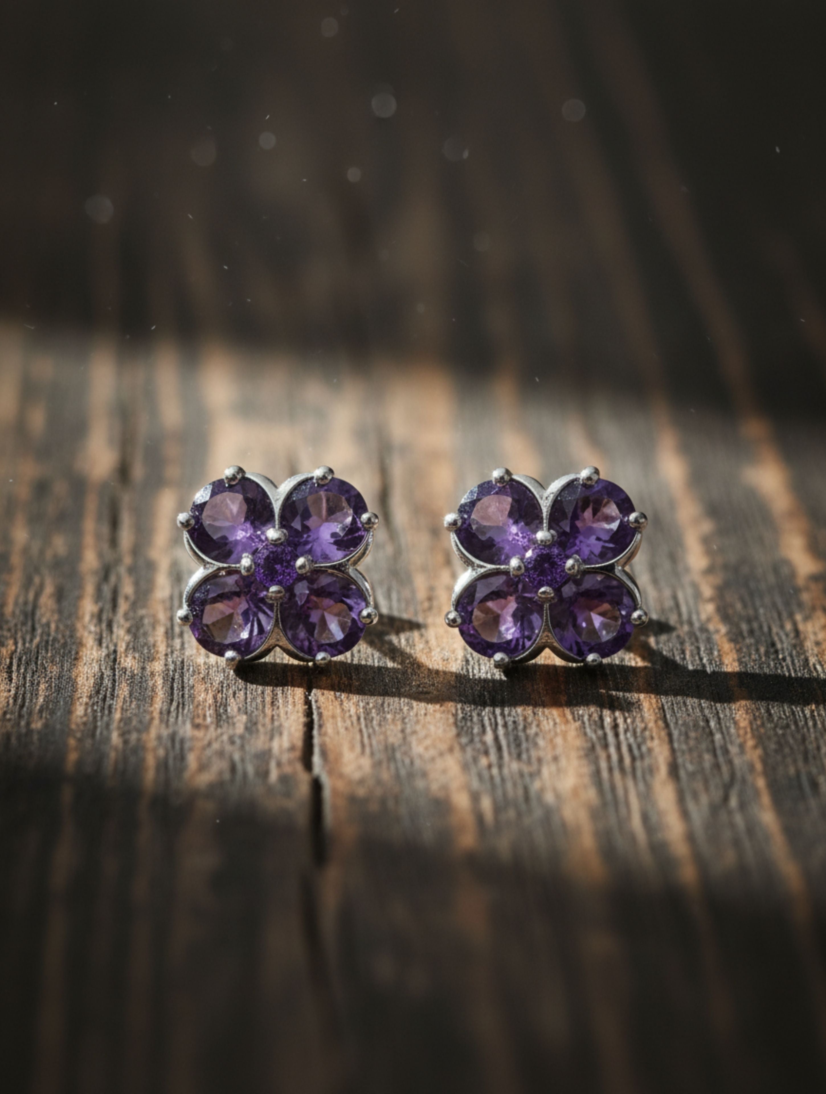 Natural Amethyst Four-Leaf Clover Stud Earrings in 925 Sterling Silver