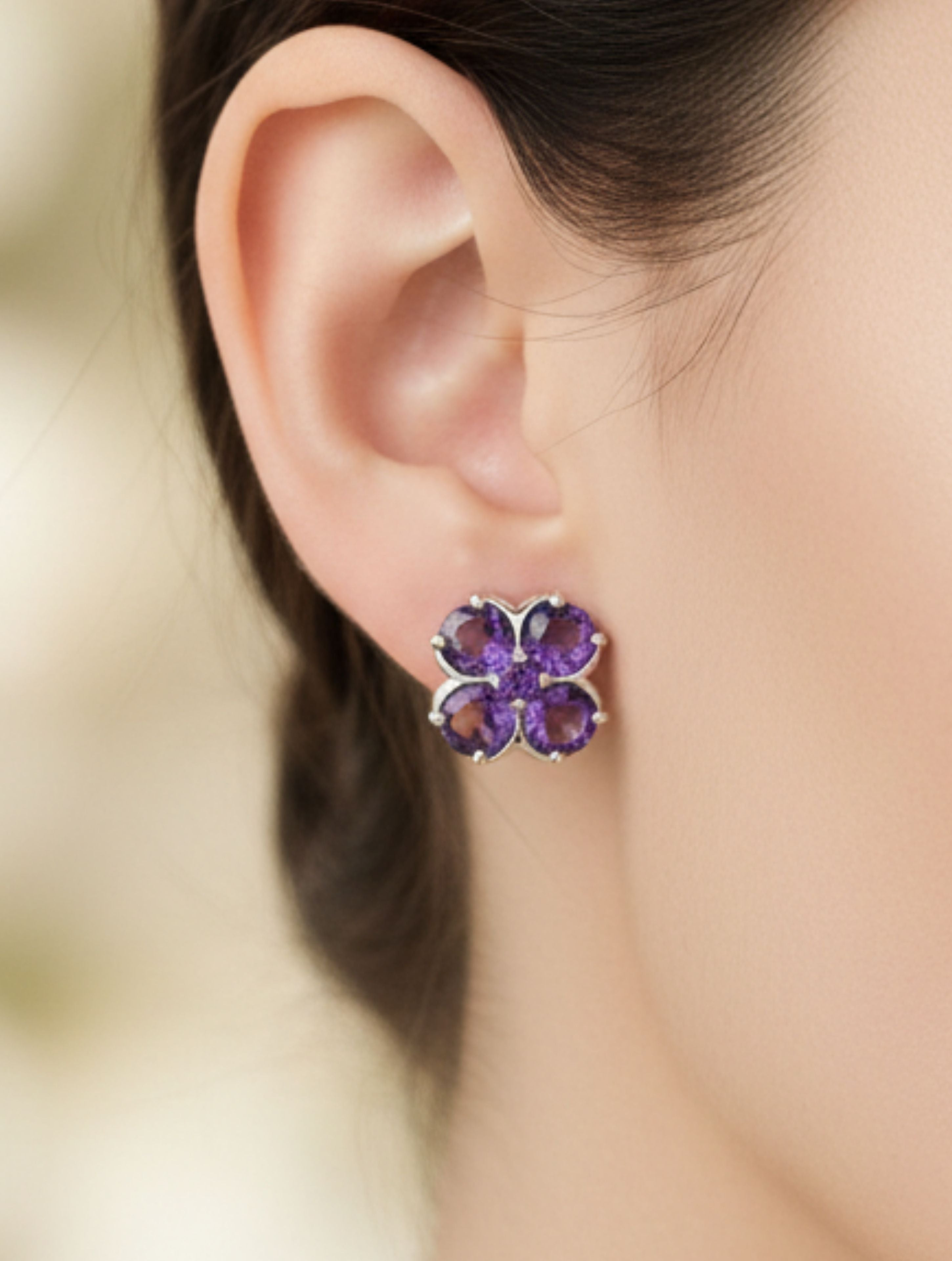 Natural Amethyst Four-Leaf Clover Stud Earrings in 925 Sterling Silver