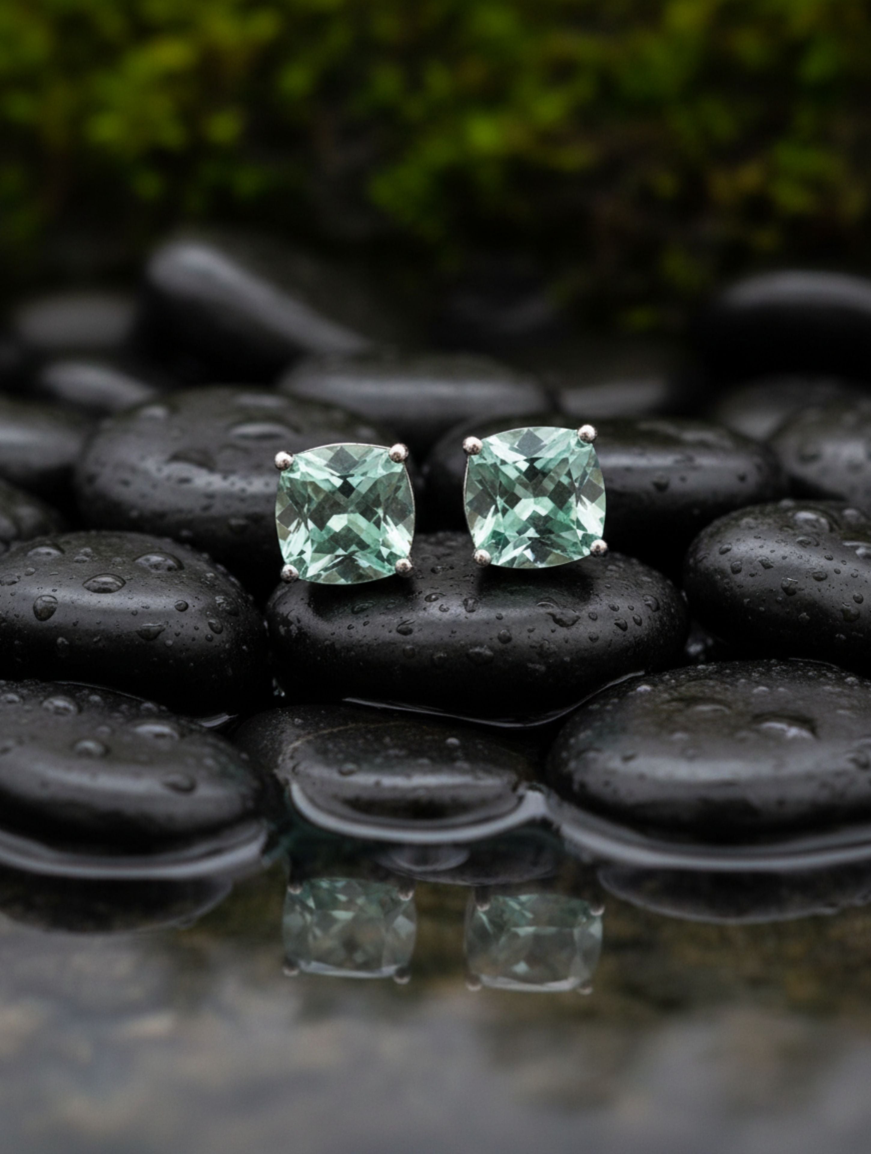 Natural Green Amethyst Cushion-Cut Solitaire Stud Earrings in 925 Sterling Silver