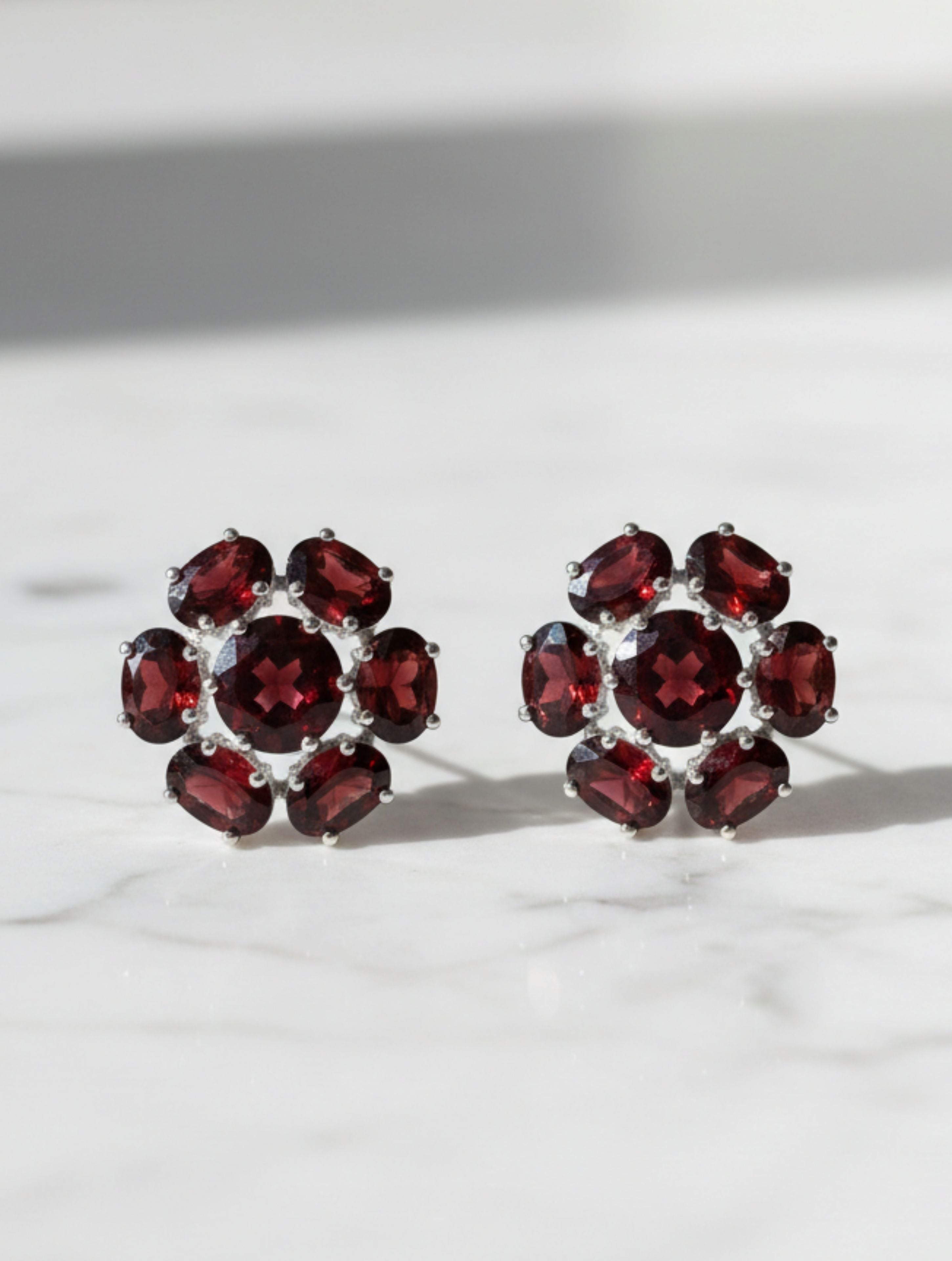 Natural Red Garnet Floral Cluster Stud Earrings in 925 Sterling Silver