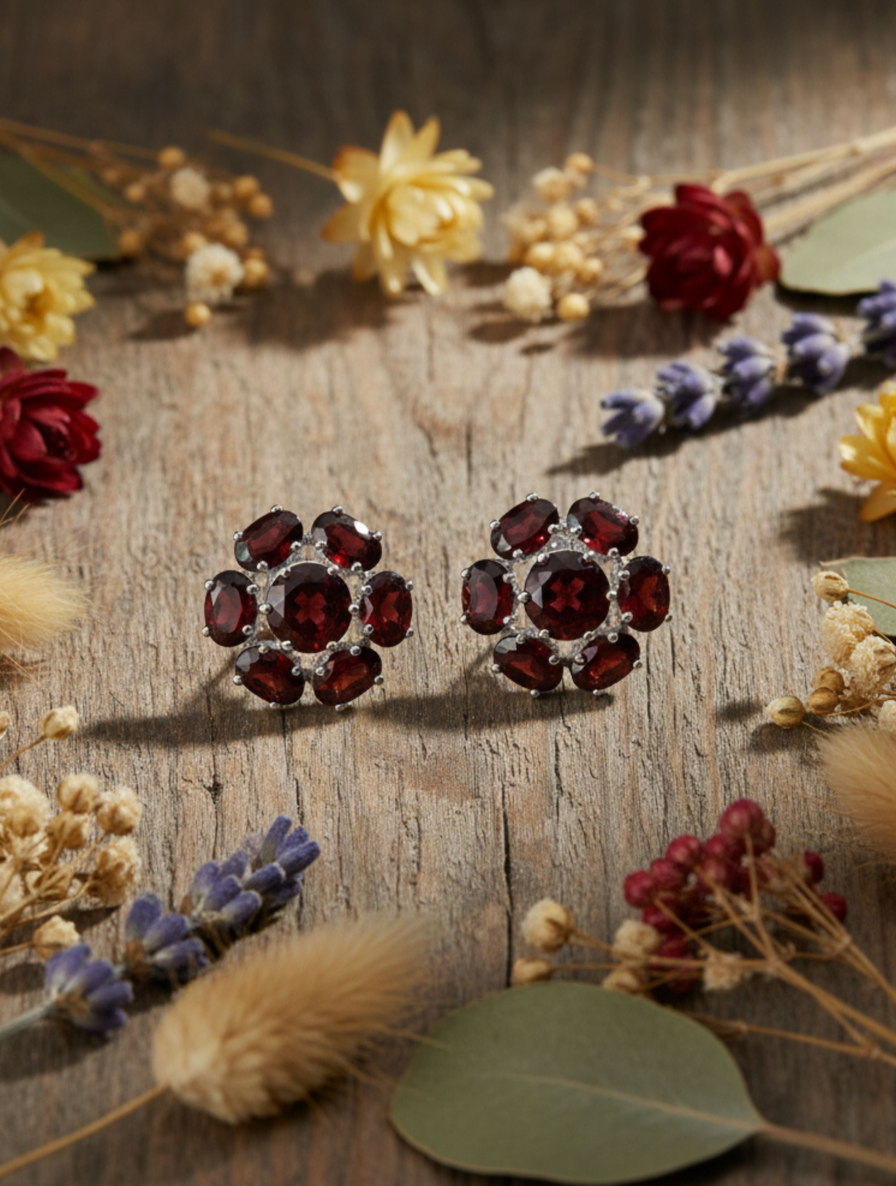 Natural Red Garnet Floral Cluster Stud Earrings in 925 Sterling Silver