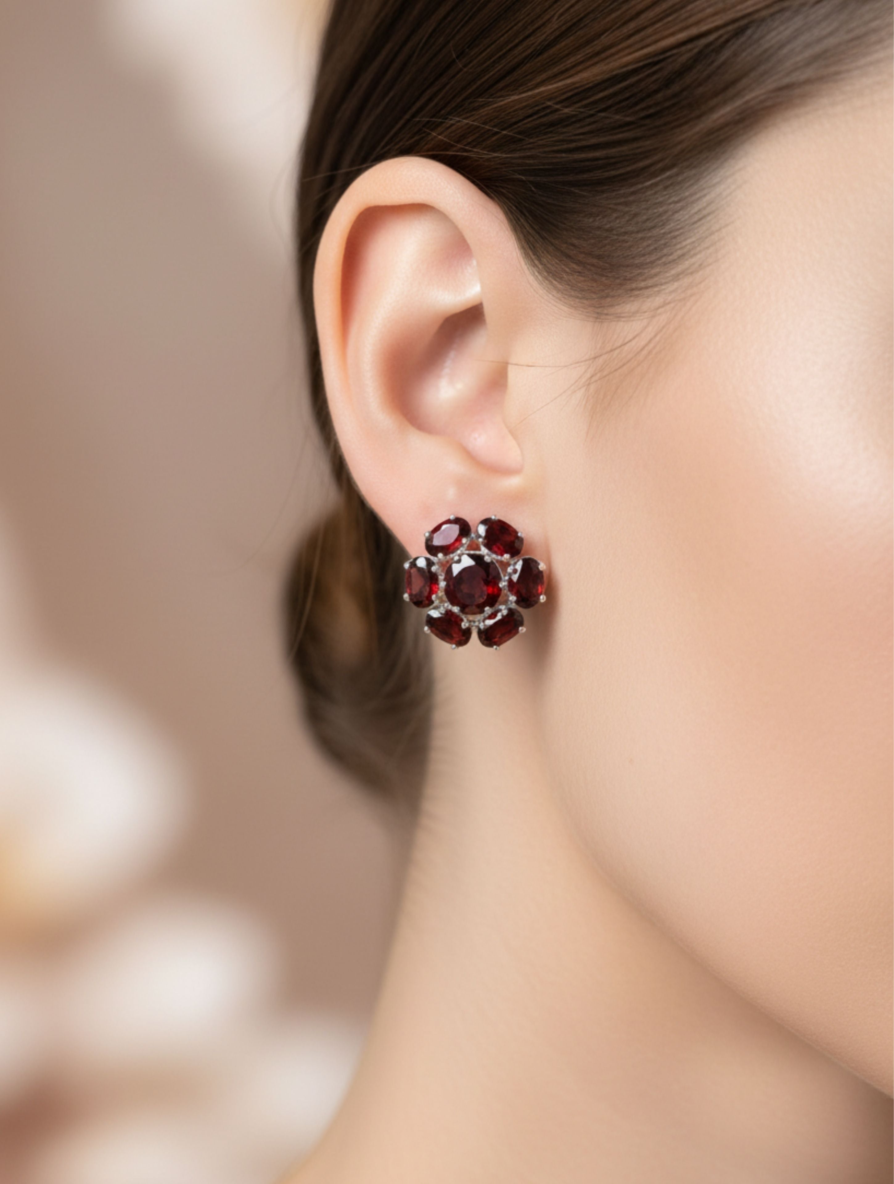 Natural Red Garnet Floral Cluster Stud Earrings in 925 Sterling Silver