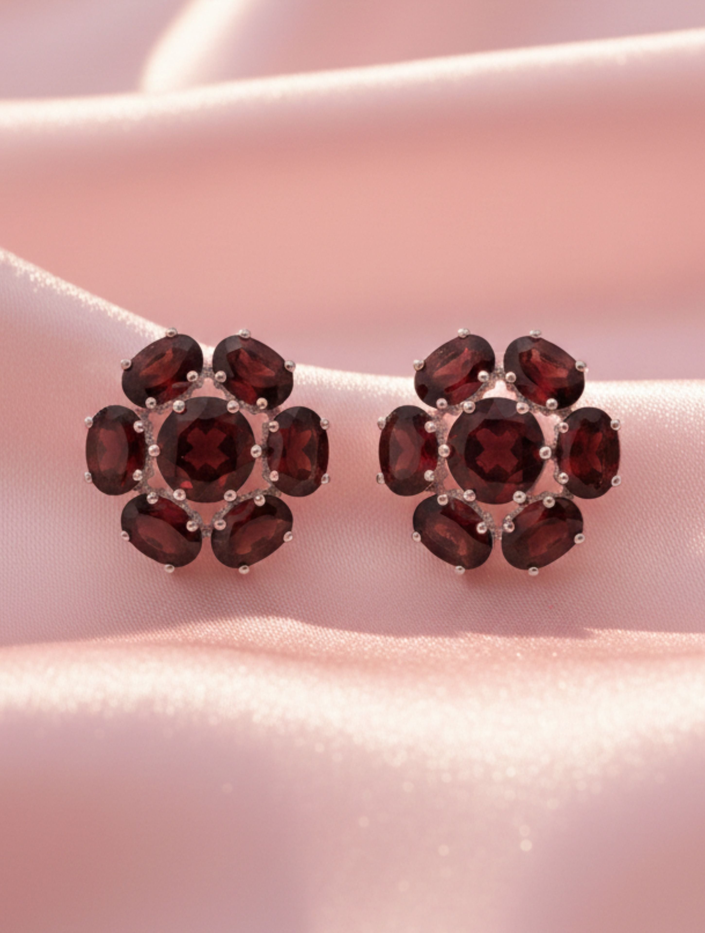 Natural Red Garnet Floral Cluster Stud Earrings in 925 Sterling Silver