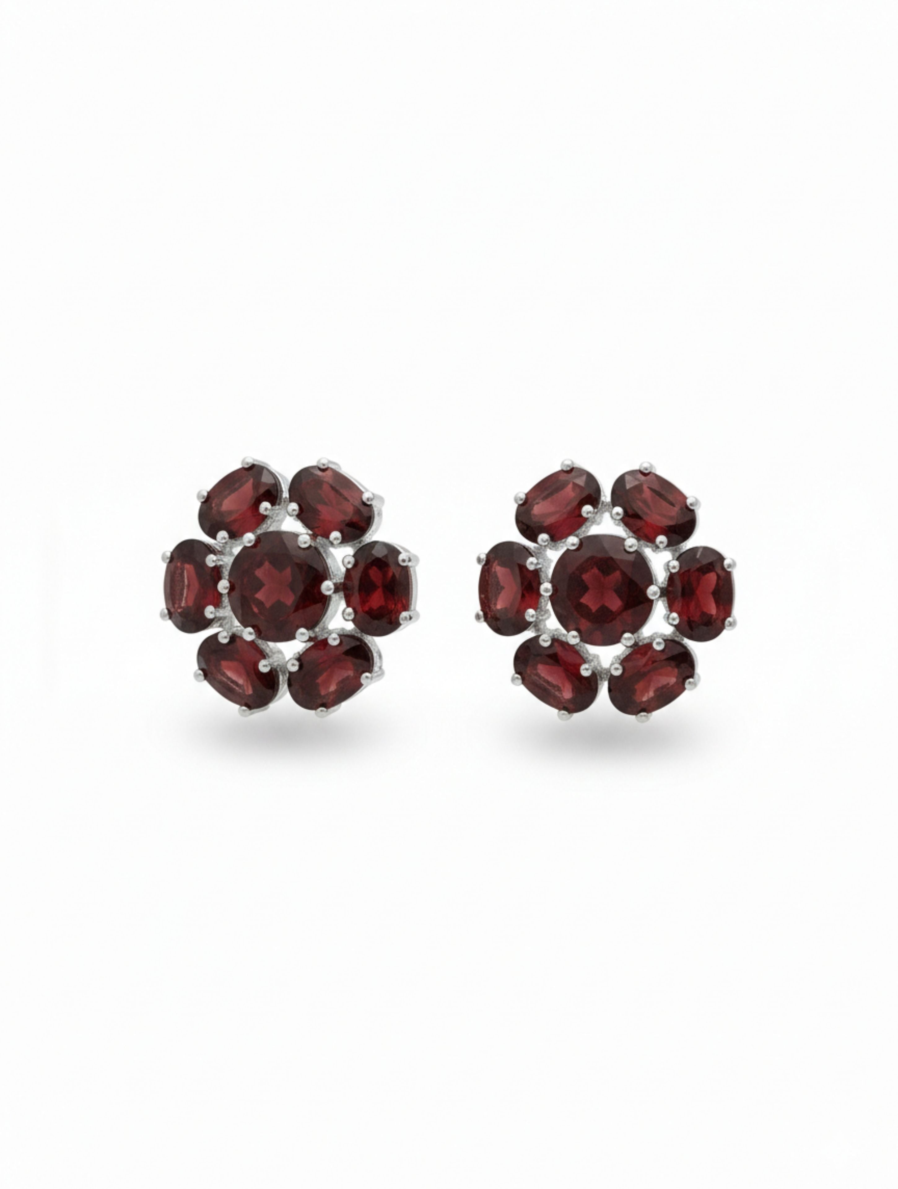 Natural Red Garnet Floral Cluster Stud Earrings in 925 Sterling Silver
