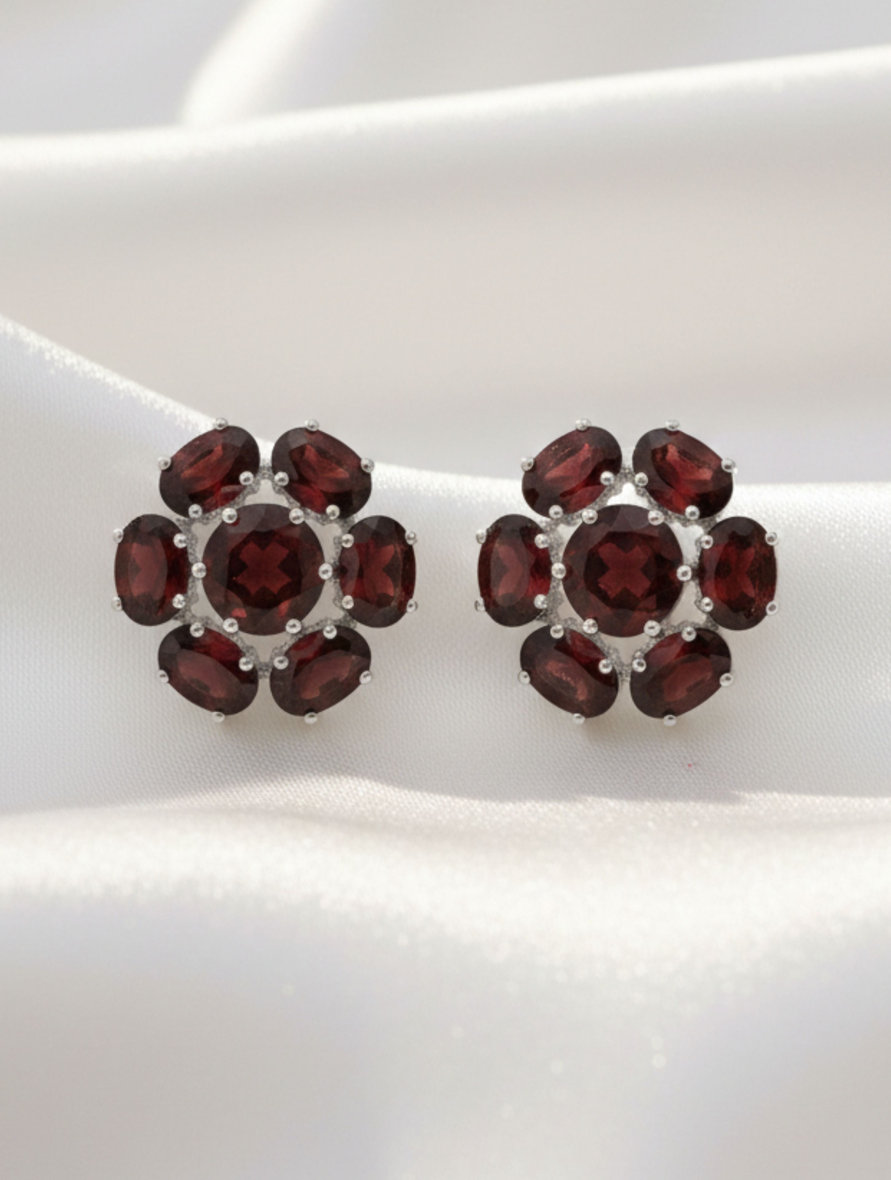 Natural Red Garnet Floral Cluster Stud Earrings in 925 Sterling Silver
