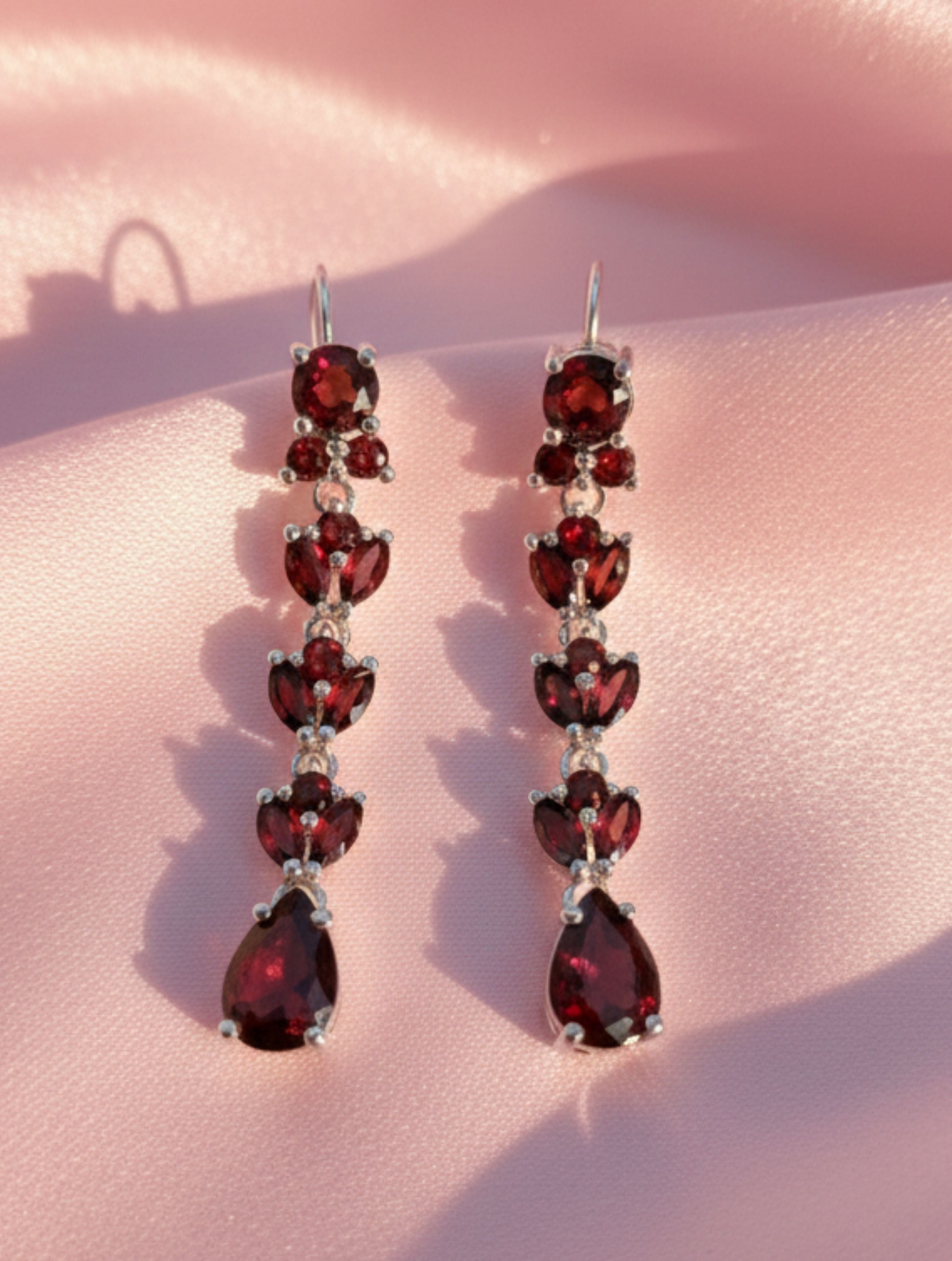 Natural Garnet Tiered Drop Earrings in .925 Sterling Silver | Floral Marquise & Pear-Cut Dangles