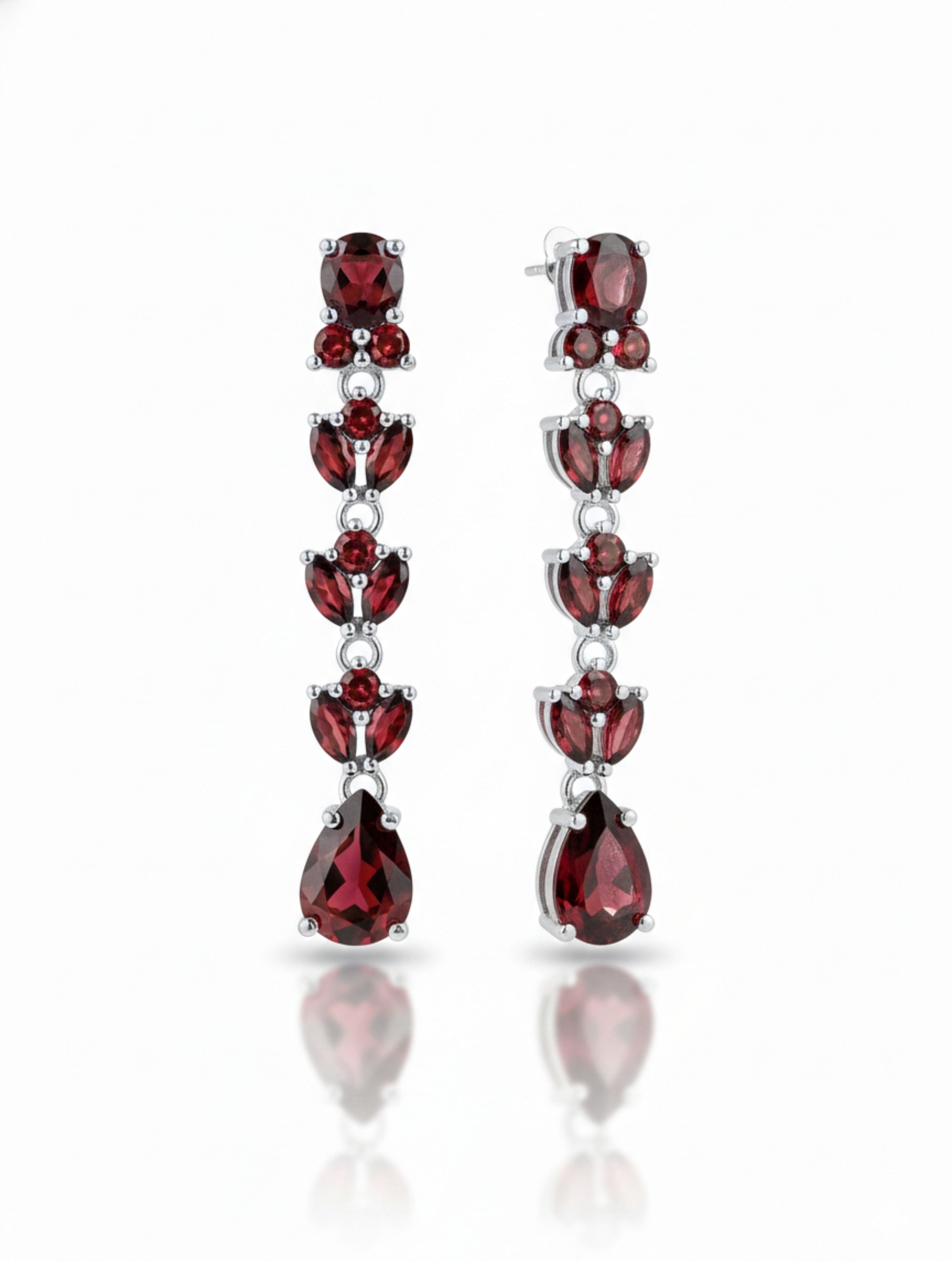 Natural Garnet Tiered Drop Earrings in .925 Sterling Silver | Floral Marquise & Pear-Cut Dangles