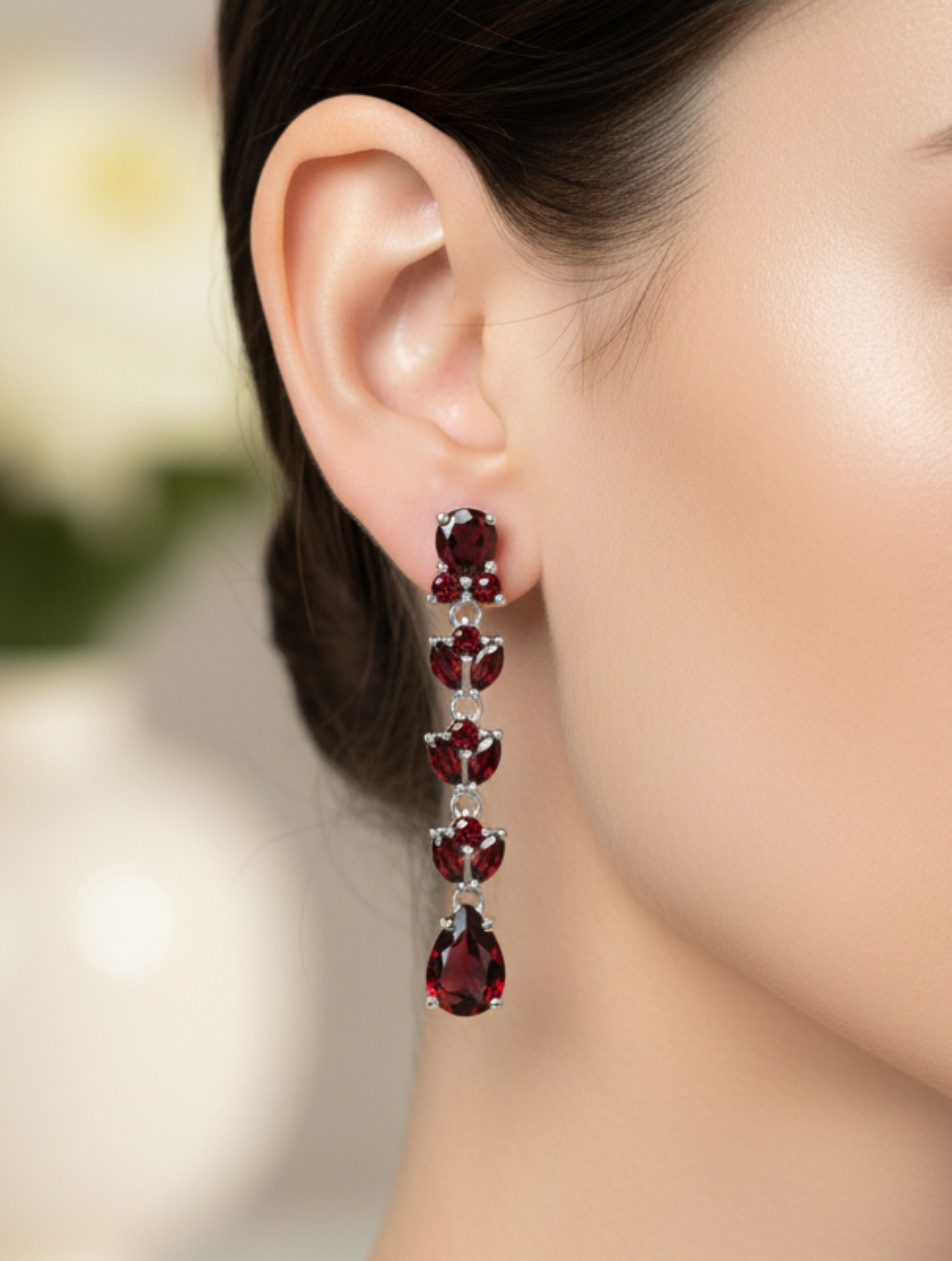 Natural Garnet Tiered Drop Earrings in .925 Sterling Silver | Floral Marquise & Pear-Cut Dangles