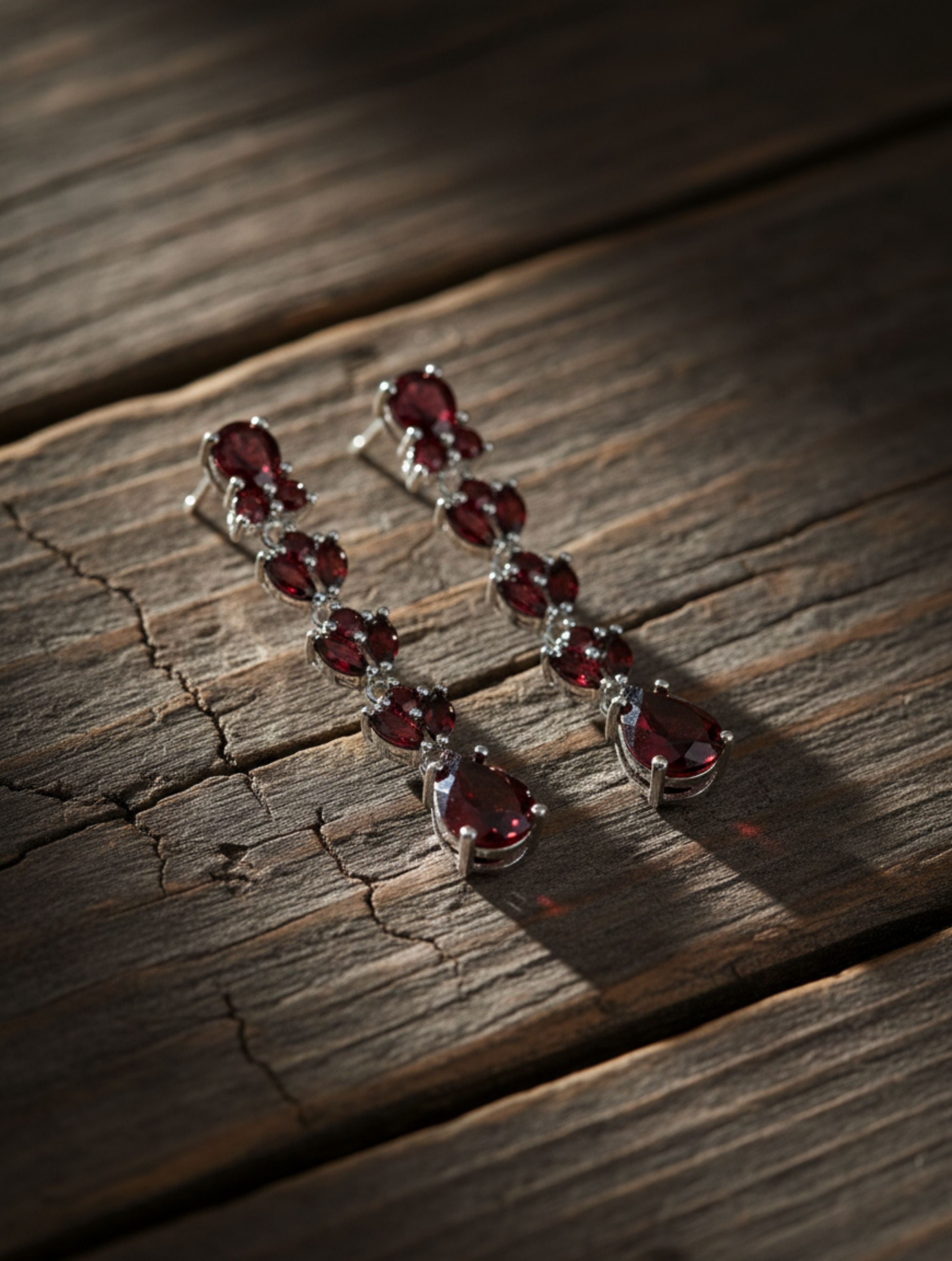 Natural Garnet Tiered Drop Earrings in .925 Sterling Silver | Floral Marquise & Pear-Cut Dangles