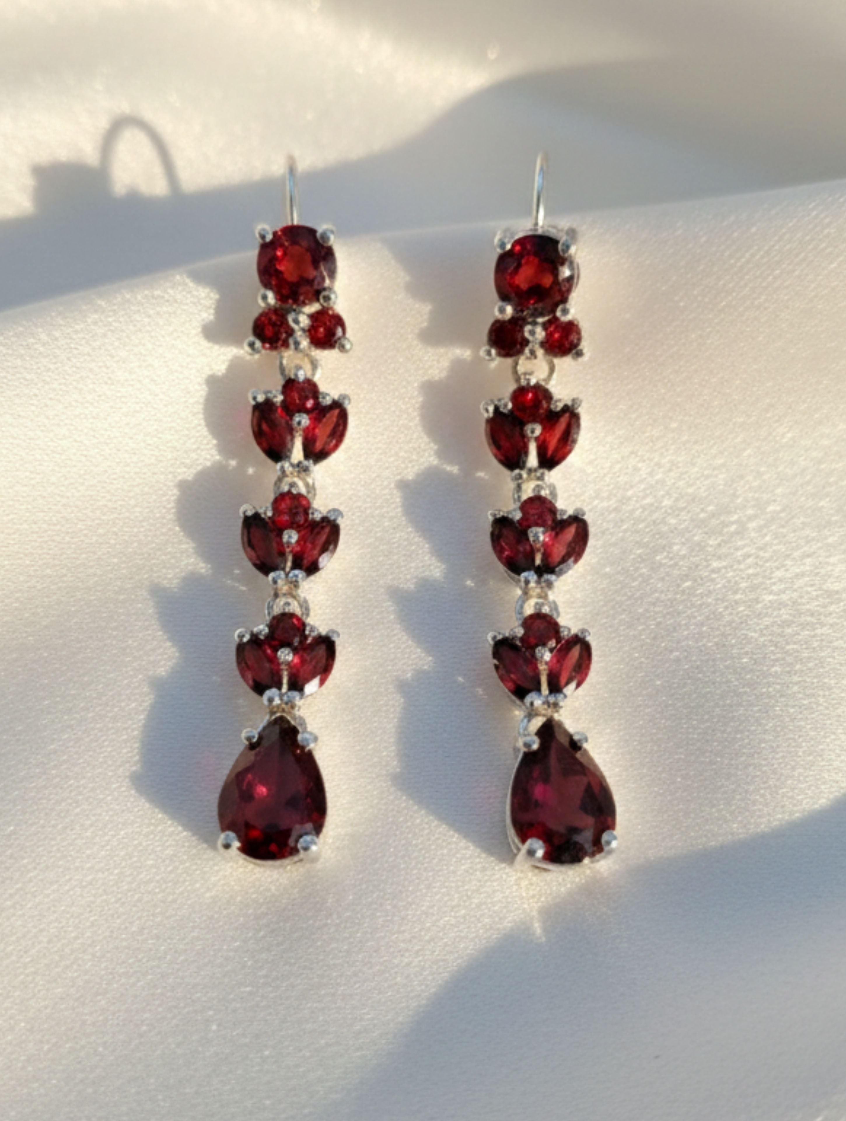 Natural Garnet Tiered Drop Earrings in .925 Sterling Silver | Floral Marquise & Pear-Cut Dangles