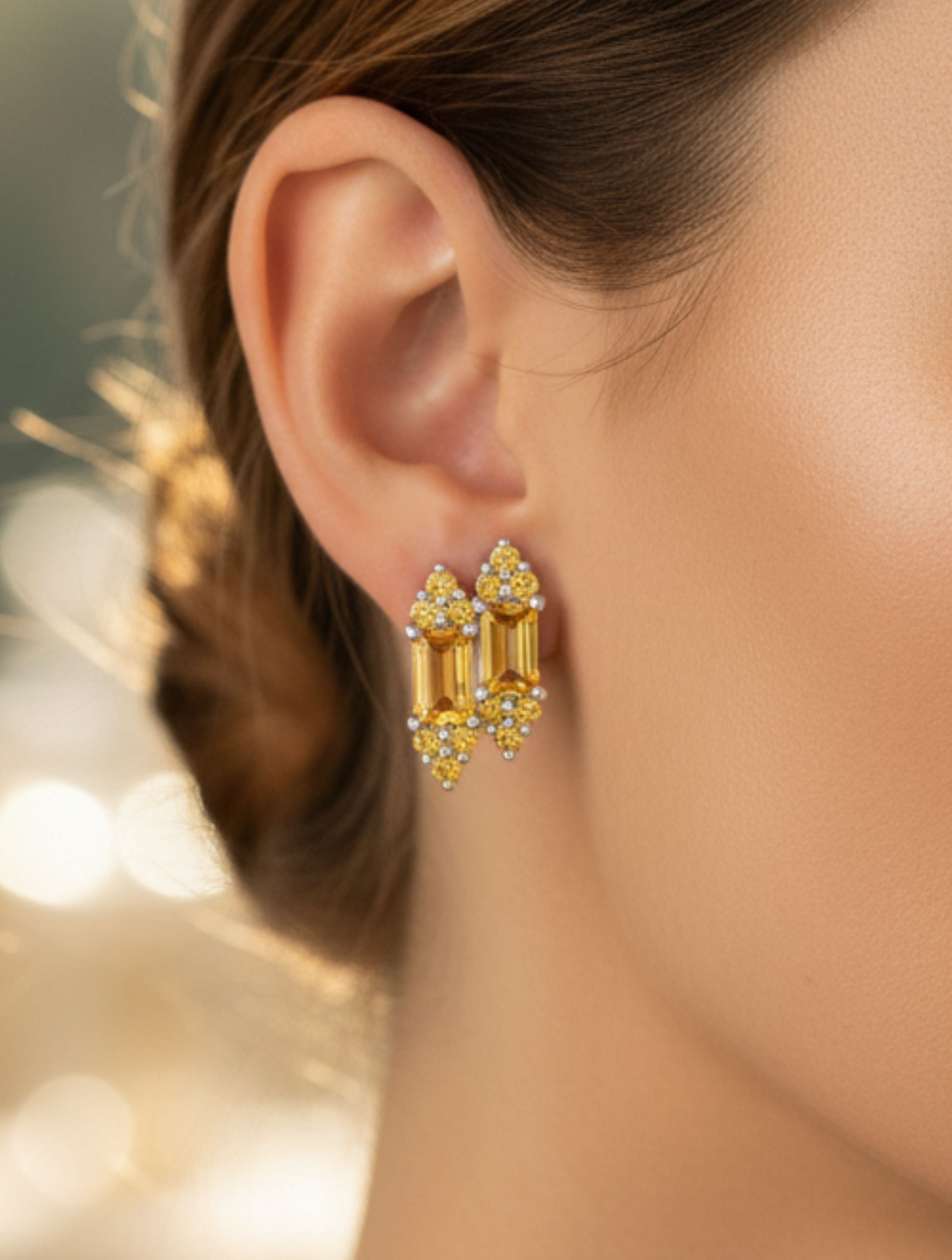Natural Citrine Duo-Baguette Stud Earrings in 925 Sterling Silver