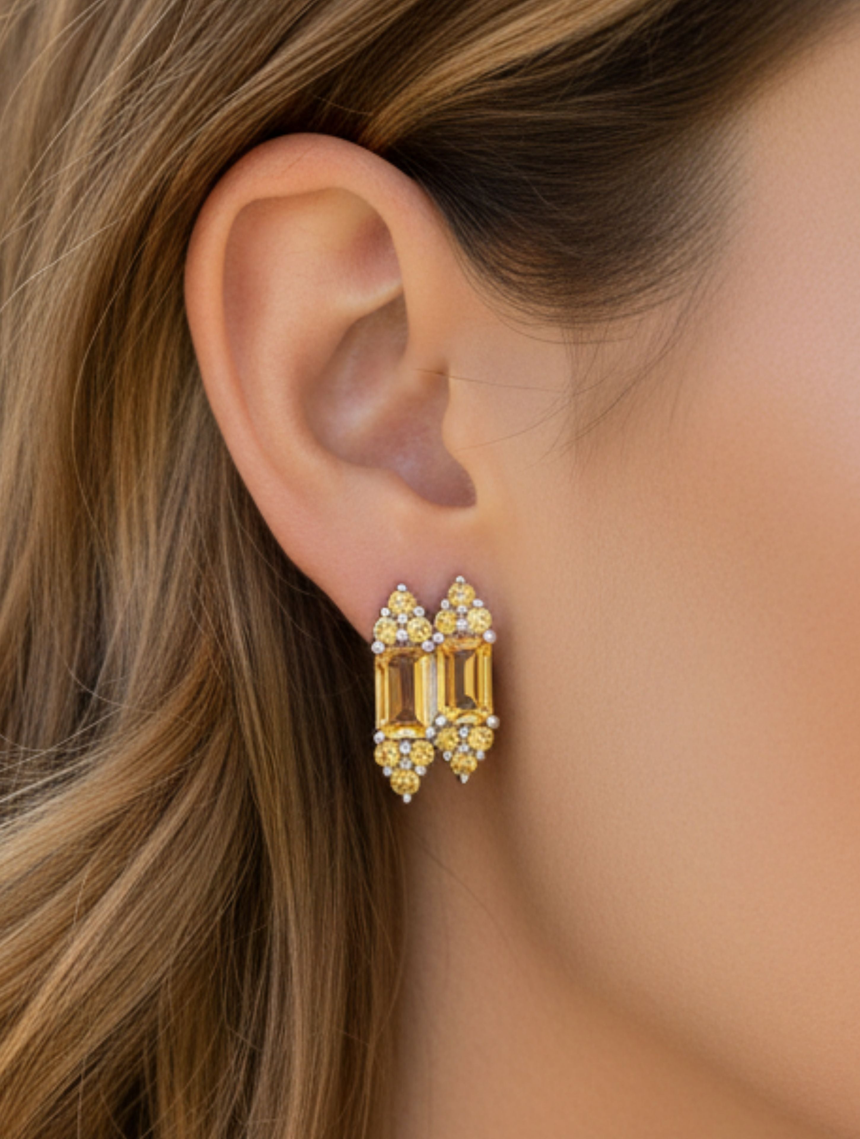 Natural Citrine Duo-Baguette Stud Earrings in 925 Sterling Silver