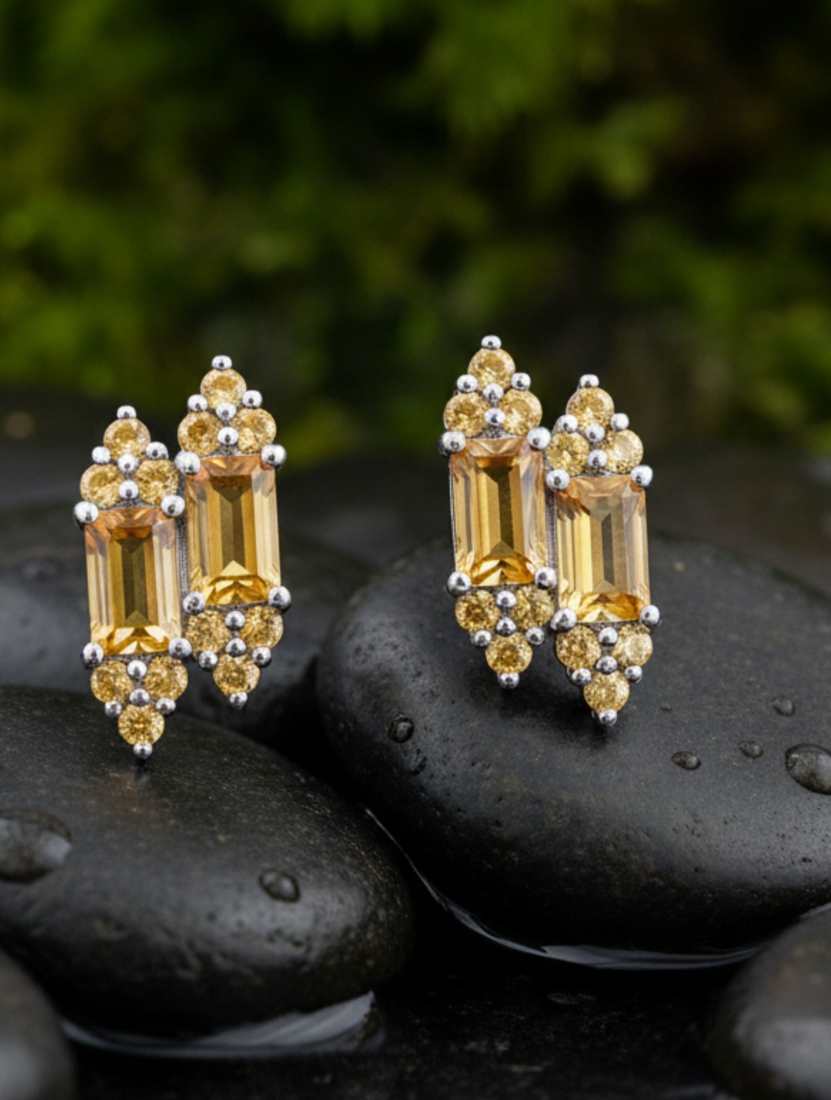 Natural Citrine Duo-Baguette Stud Earrings in 925 Sterling Silver