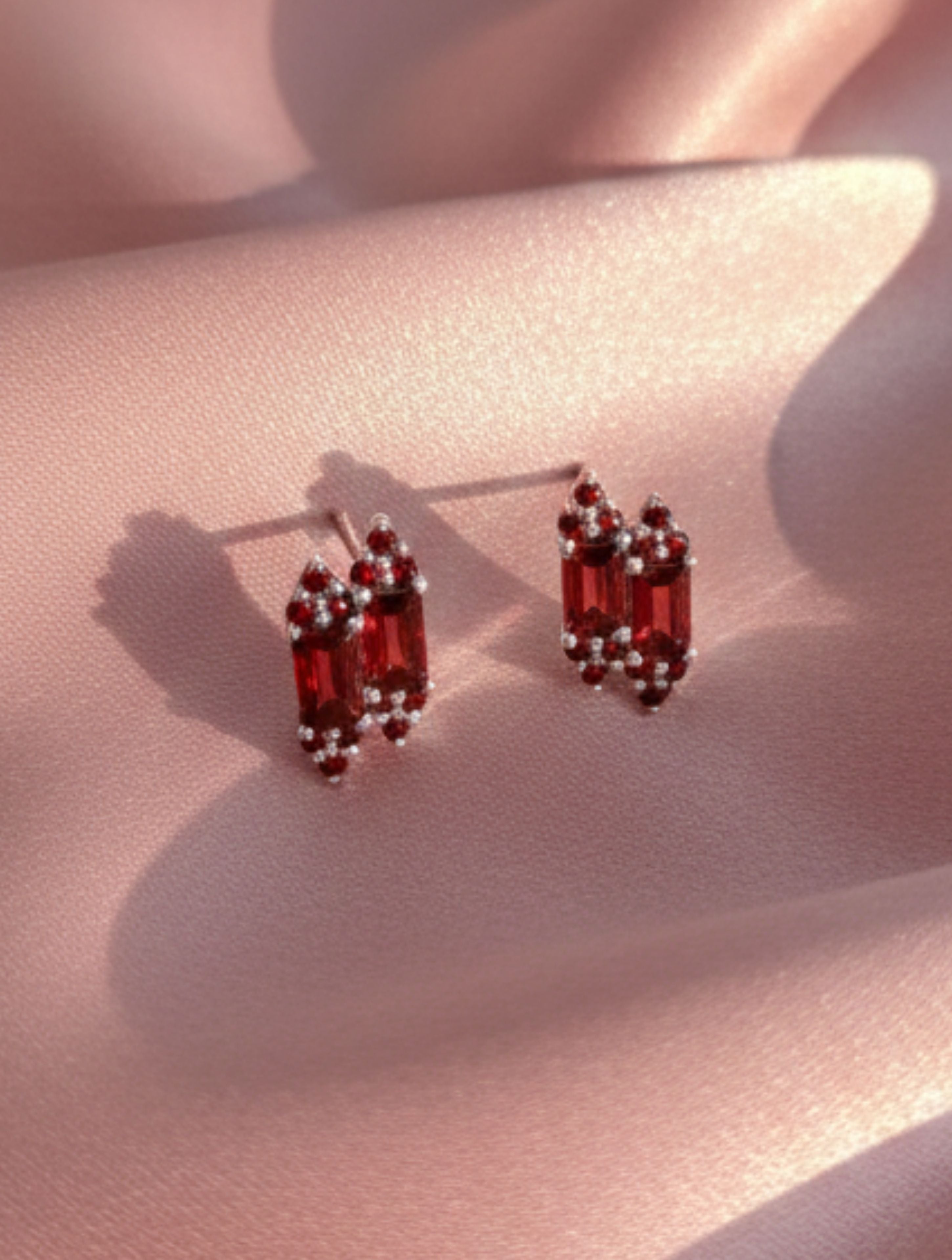 Natural Red Garnet Duo-Baguette Stud Earrings in 925 Sterling Silver