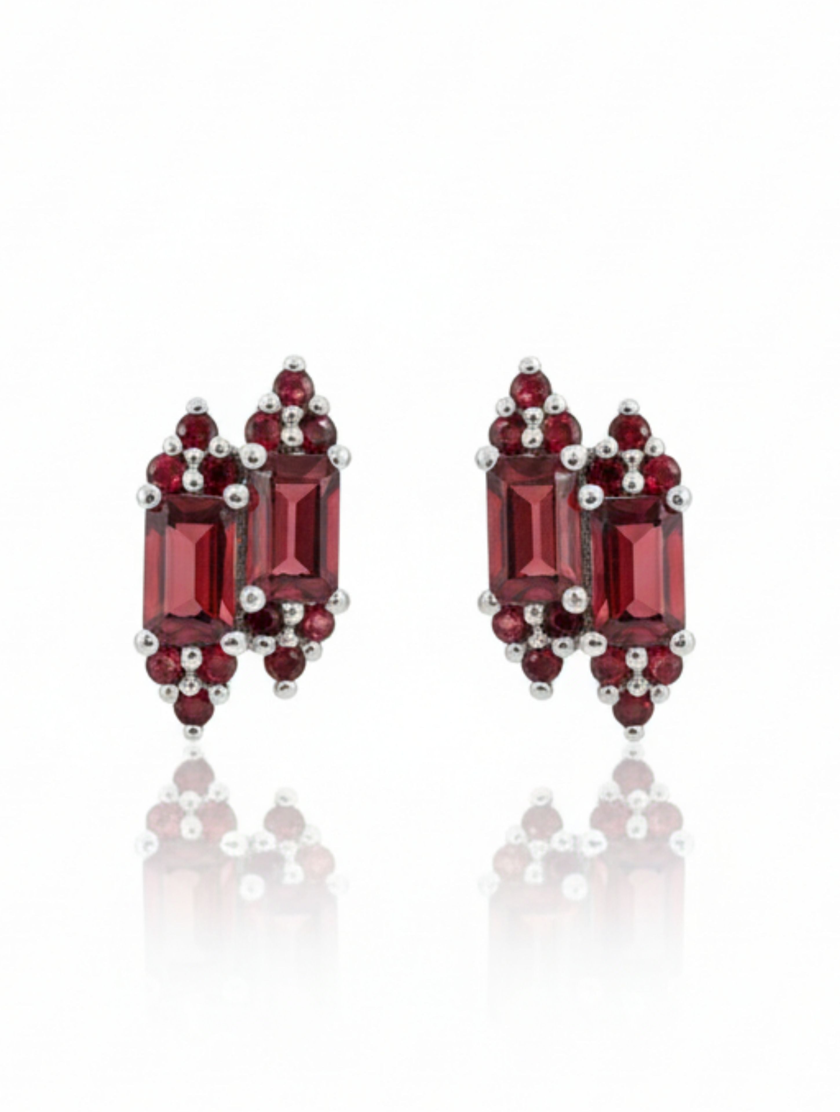 Natural Red Garnet Duo-Baguette Stud Earrings in 925 Sterling Silver