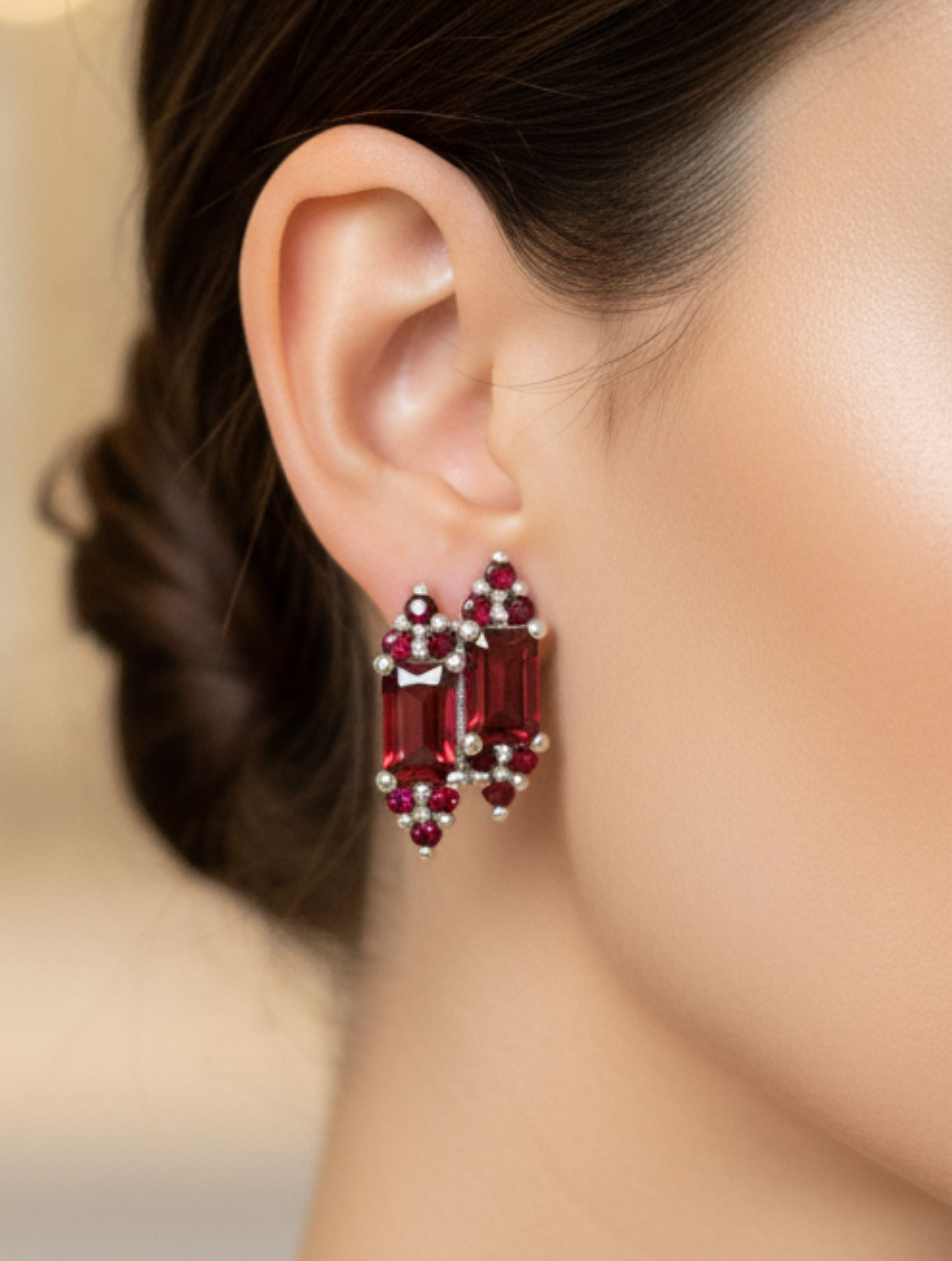 Natural Red Garnet Duo-Baguette Stud Earrings in 925 Sterling Silver
