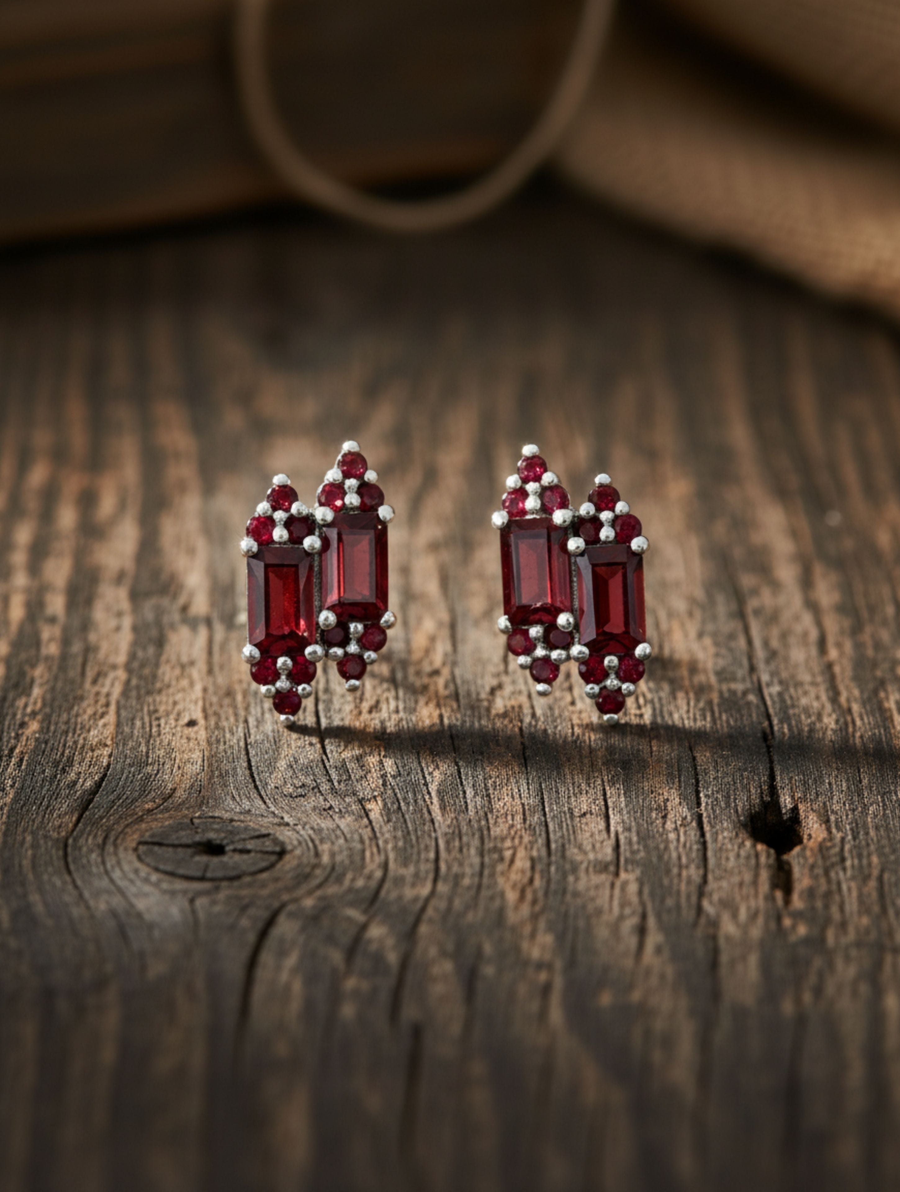 Natural Red Garnet Duo-Baguette Stud Earrings in 925 Sterling Silver