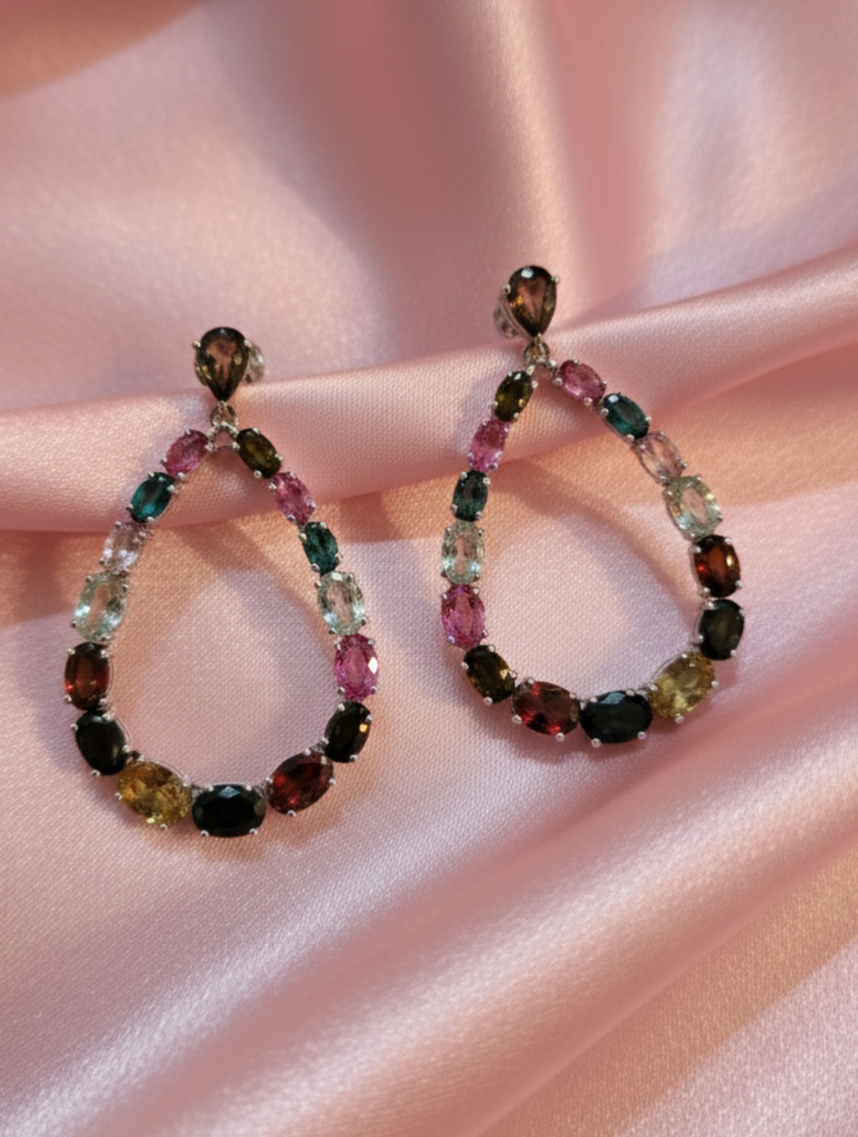 Multi-Tourmaline Teardrop Open-Hoop Earrings in 925 Sterling Silver
