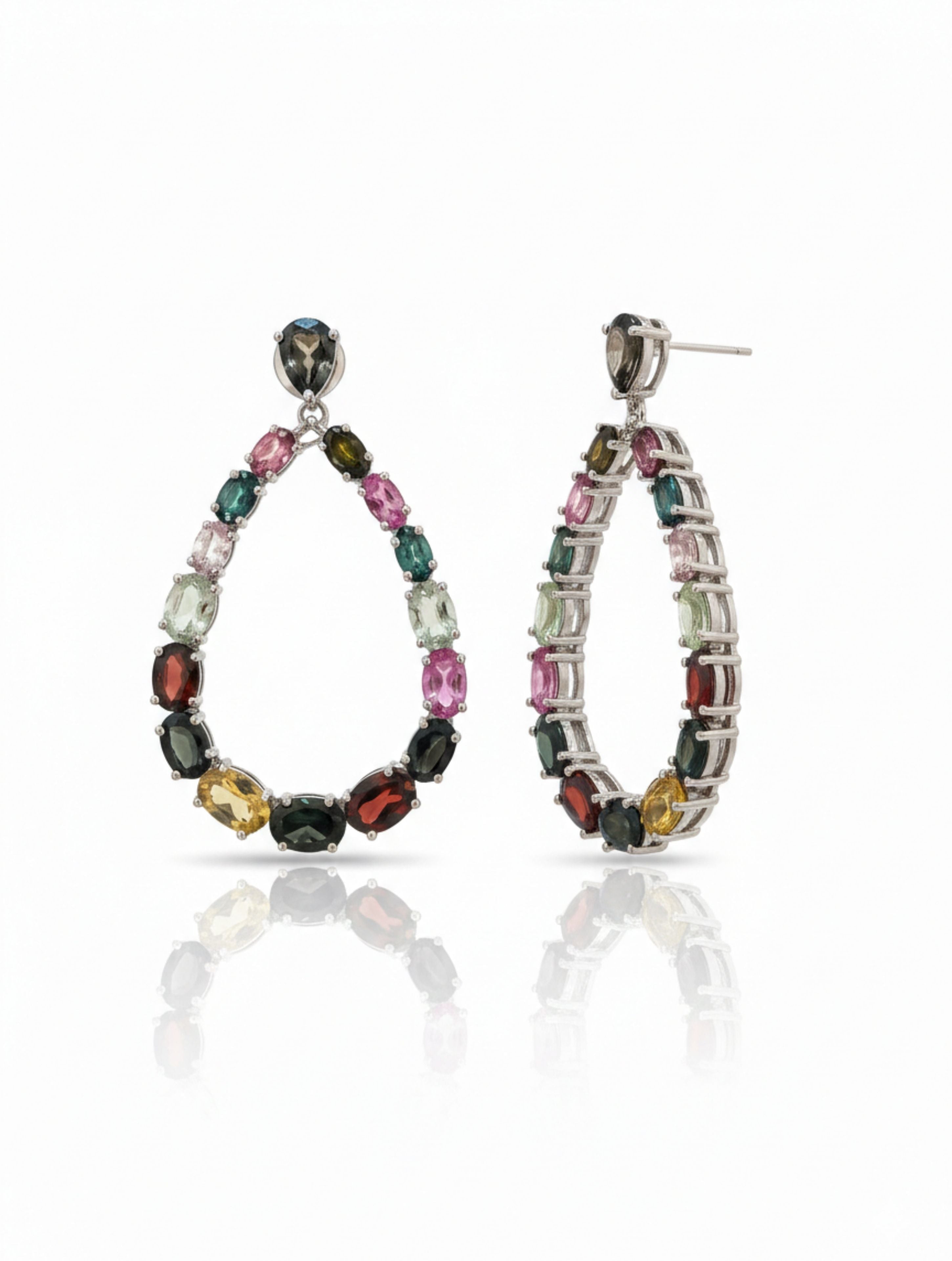 Multi-Tourmaline Teardrop Open-Hoop Earrings in 925 Sterling Silver