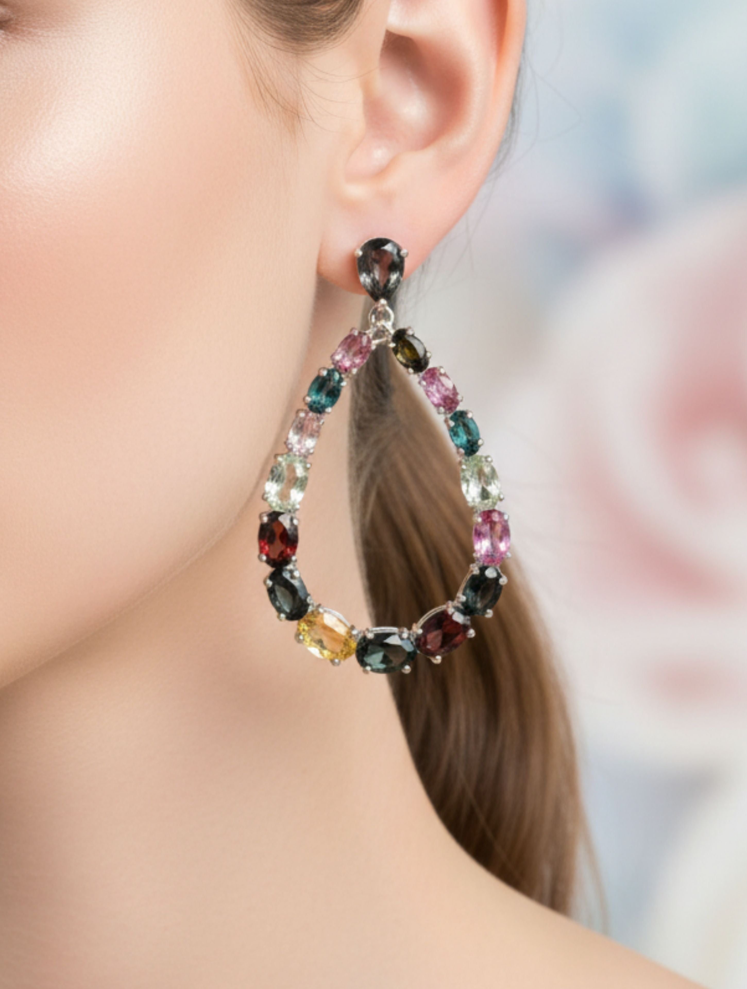 Multi-Tourmaline Teardrop Open-Hoop Earrings in 925 Sterling Silver