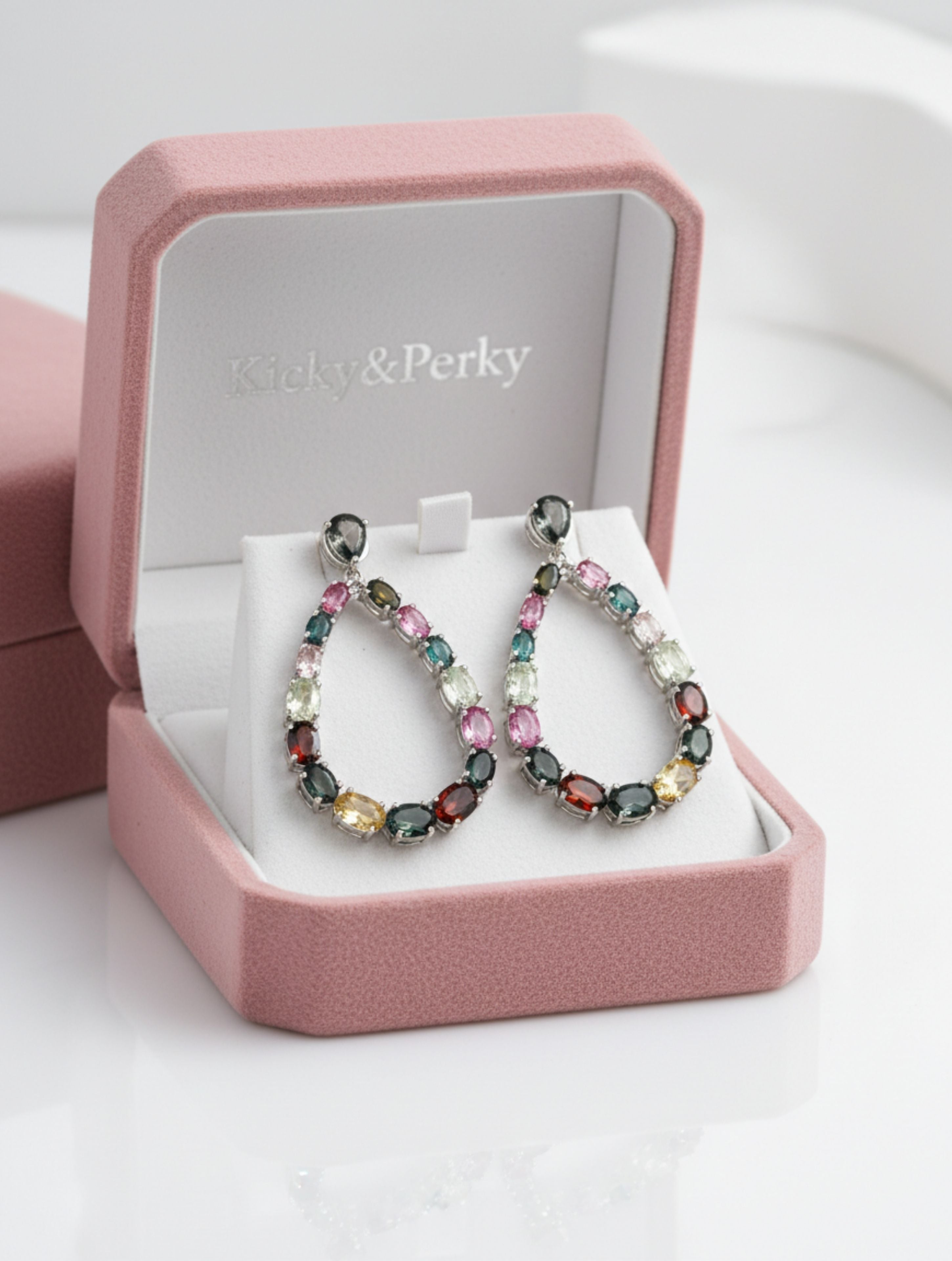 Multi-Tourmaline Teardrop Open-Hoop Earrings in 925 Sterling Silver