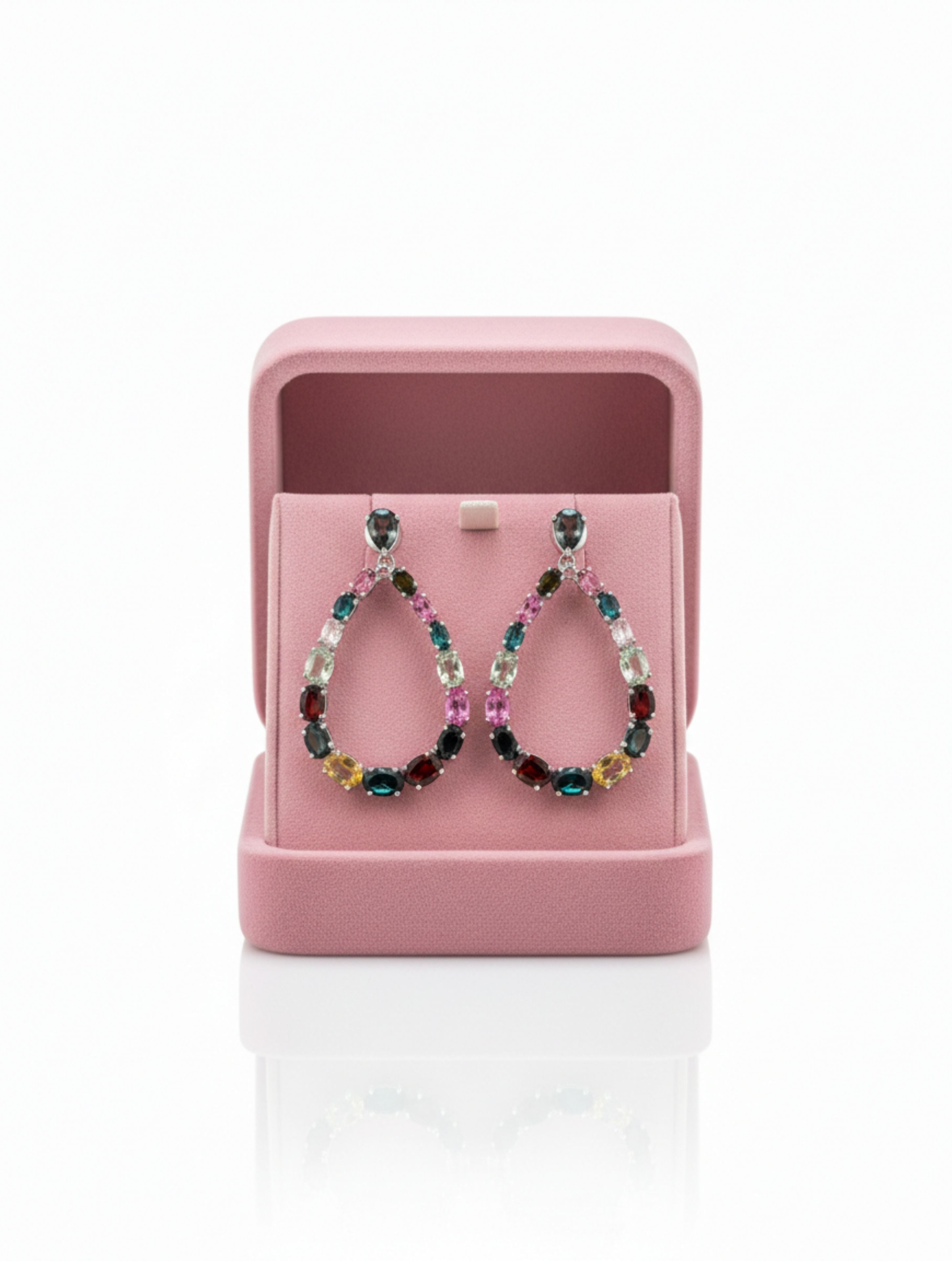 Multi-Tourmaline Teardrop Open-Hoop Earrings in 925 Sterling Silver