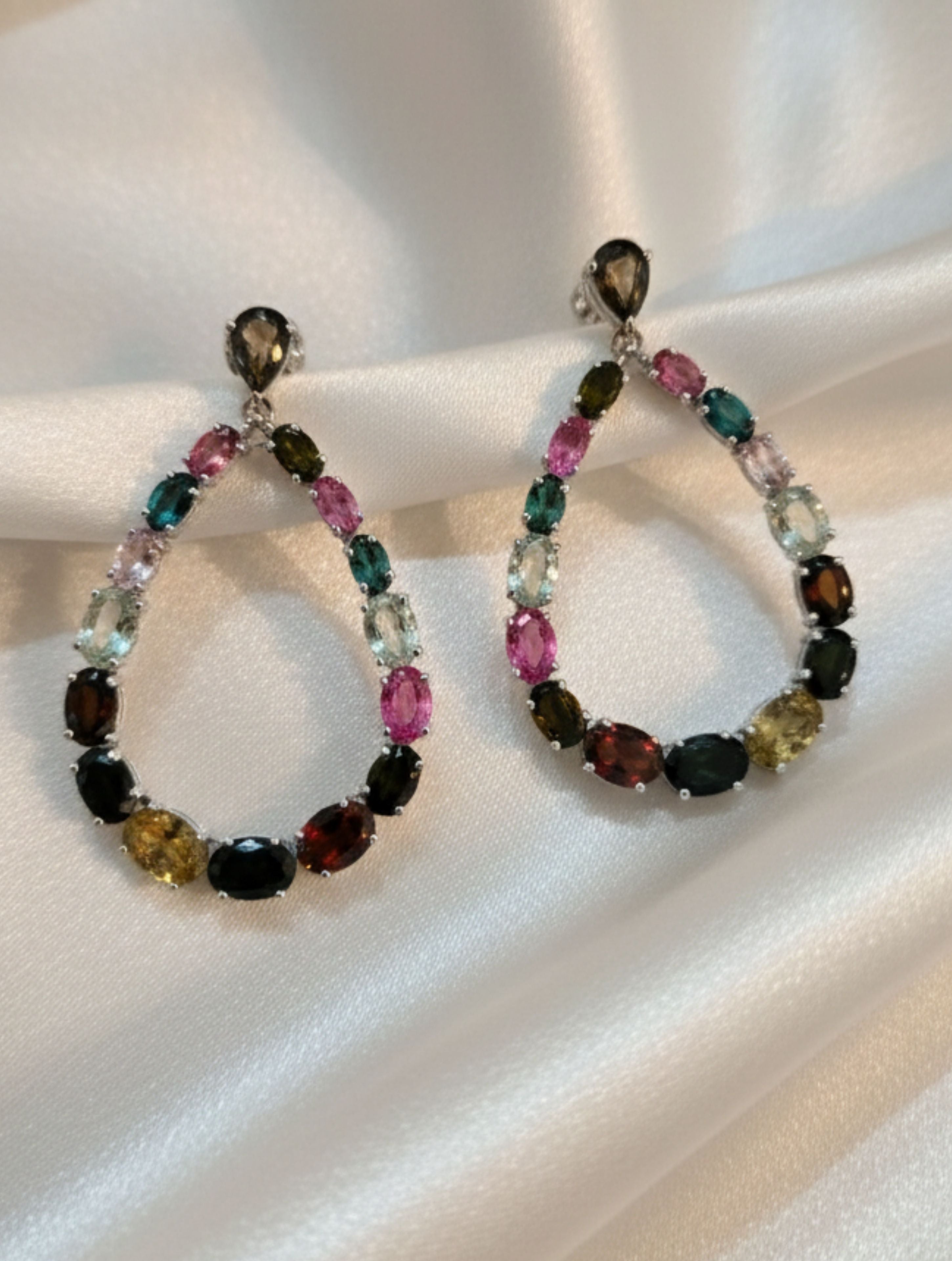 Multi-Tourmaline Teardrop Open-Hoop Earrings in 925 Sterling Silver