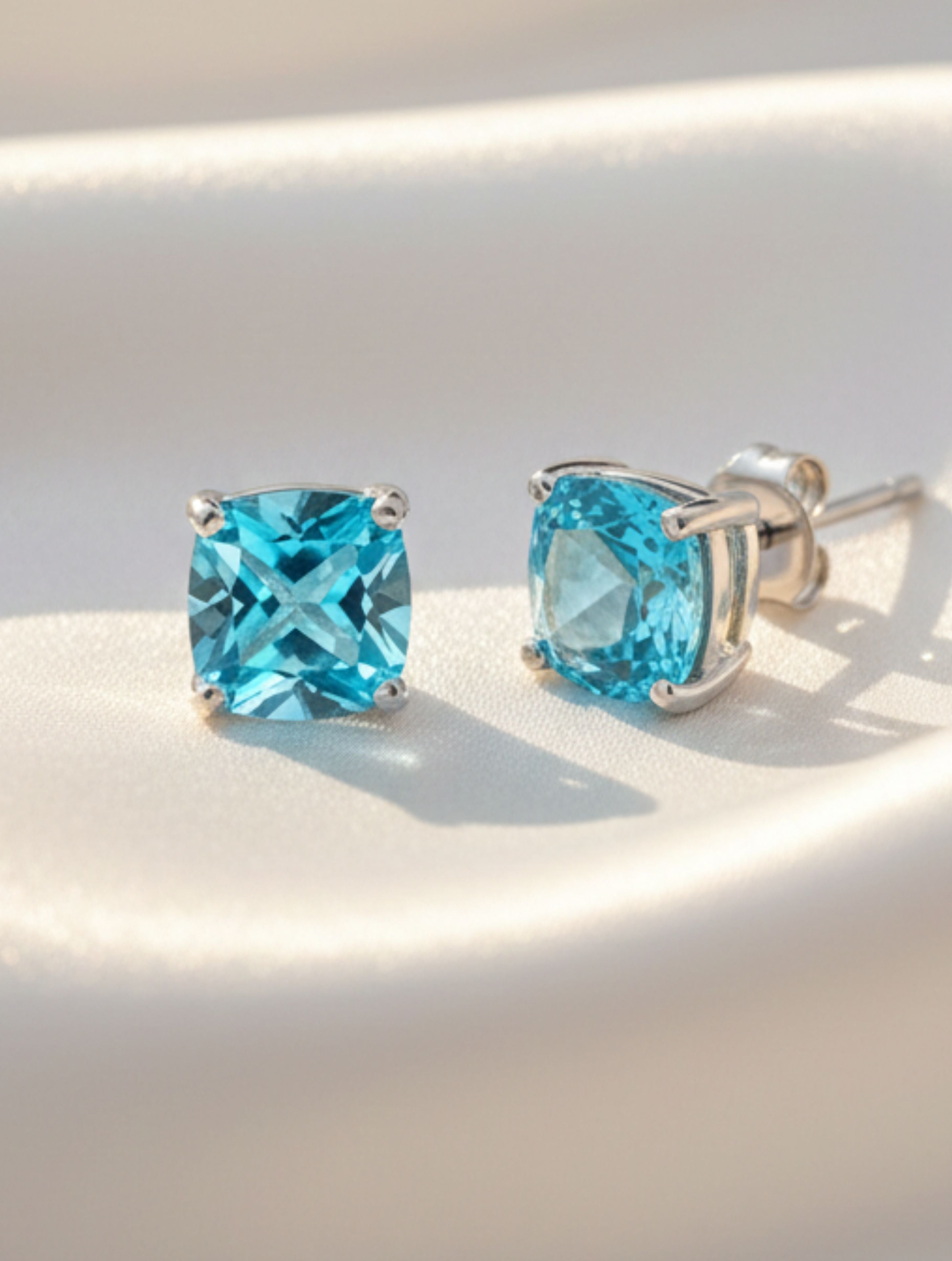 Blue Topaz Cushion-Cut Stud Earrings in 925 Sterling Silver
