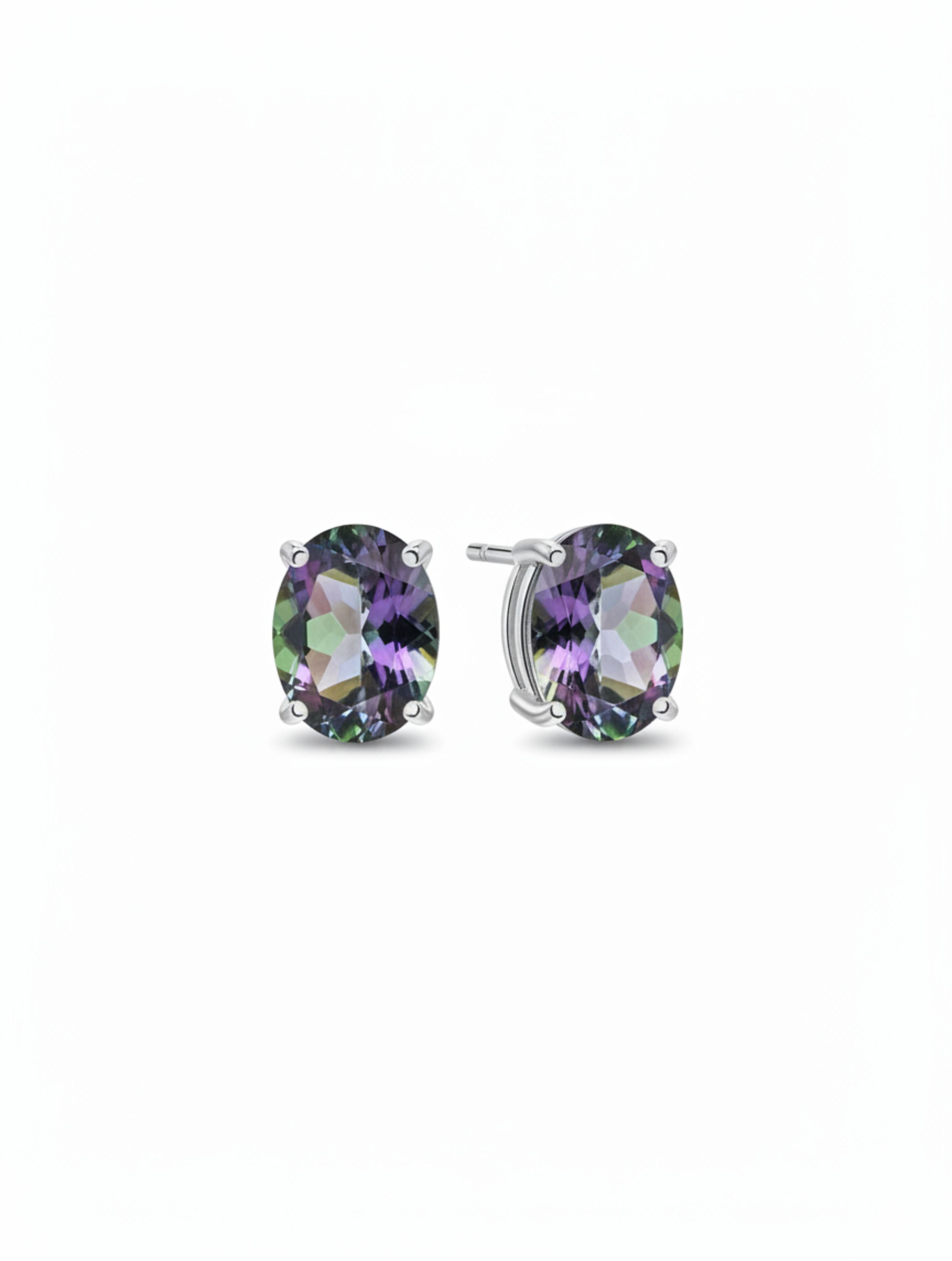 Rhodium Oval Mystic Topaz Pietra Studs 925 Sterling Silver Earrings For Women