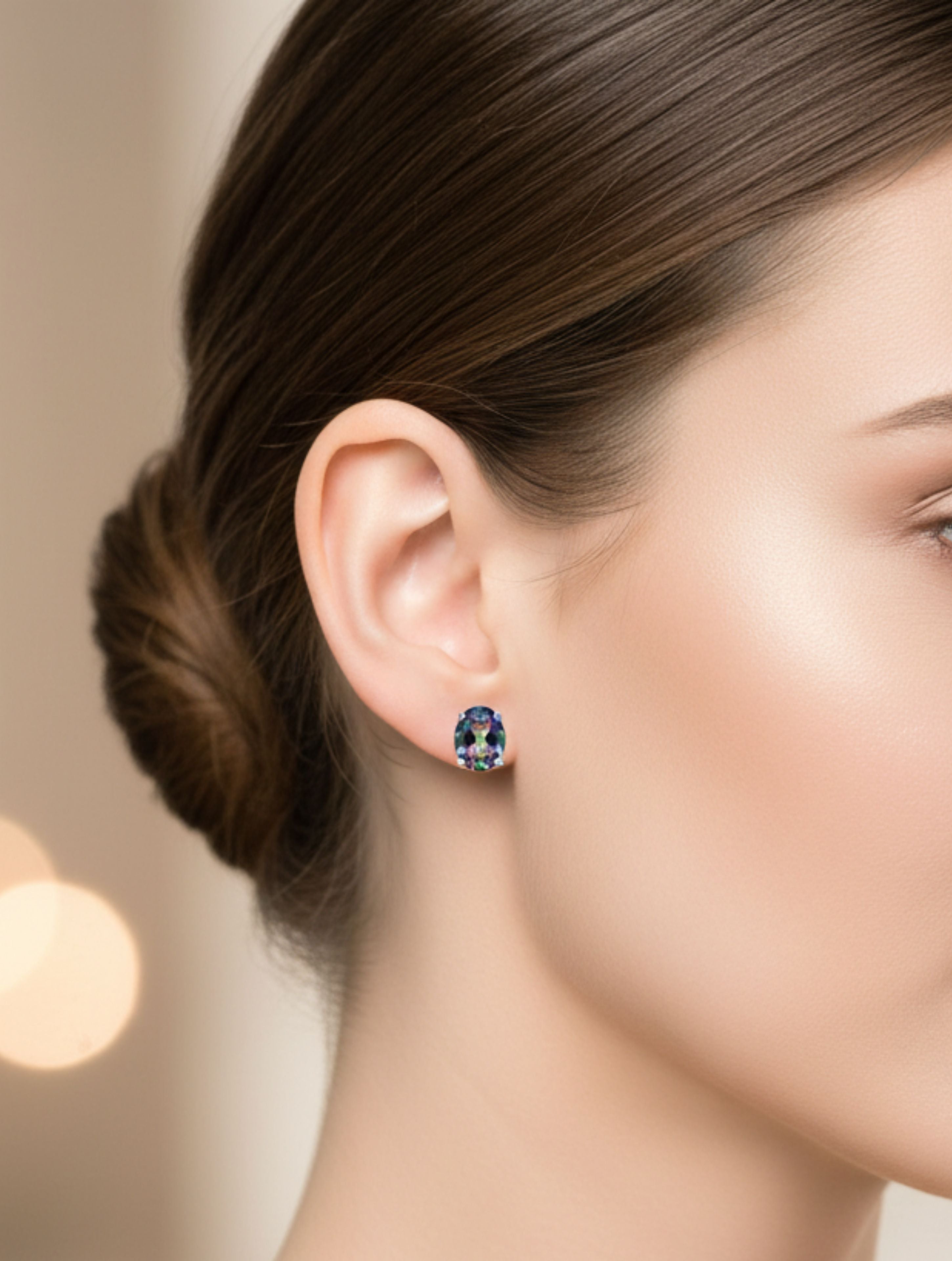 Rhodium Oval Mystic Topaz Pietra Studs 925 Sterling Silver Earrings For Women