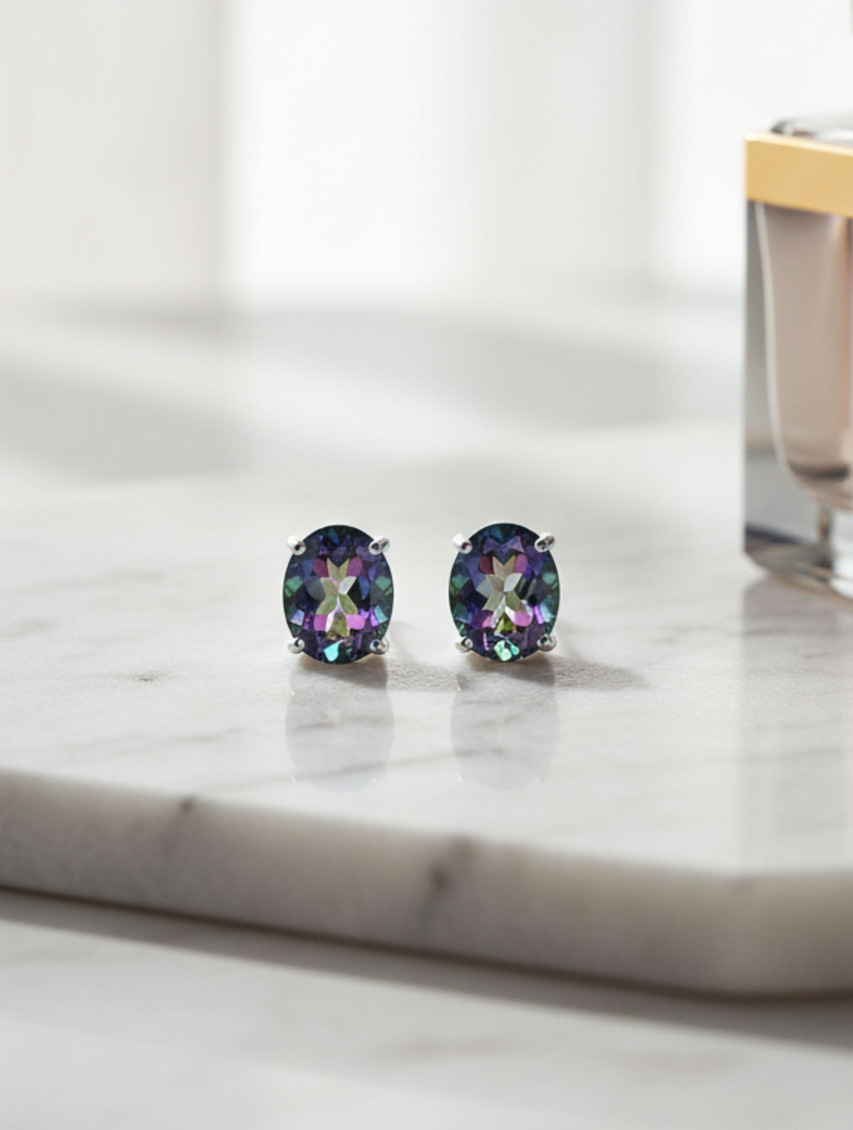 Rhodium Oval Mystic Topaz Pietra Studs 925 Sterling Silver Earrings For Women