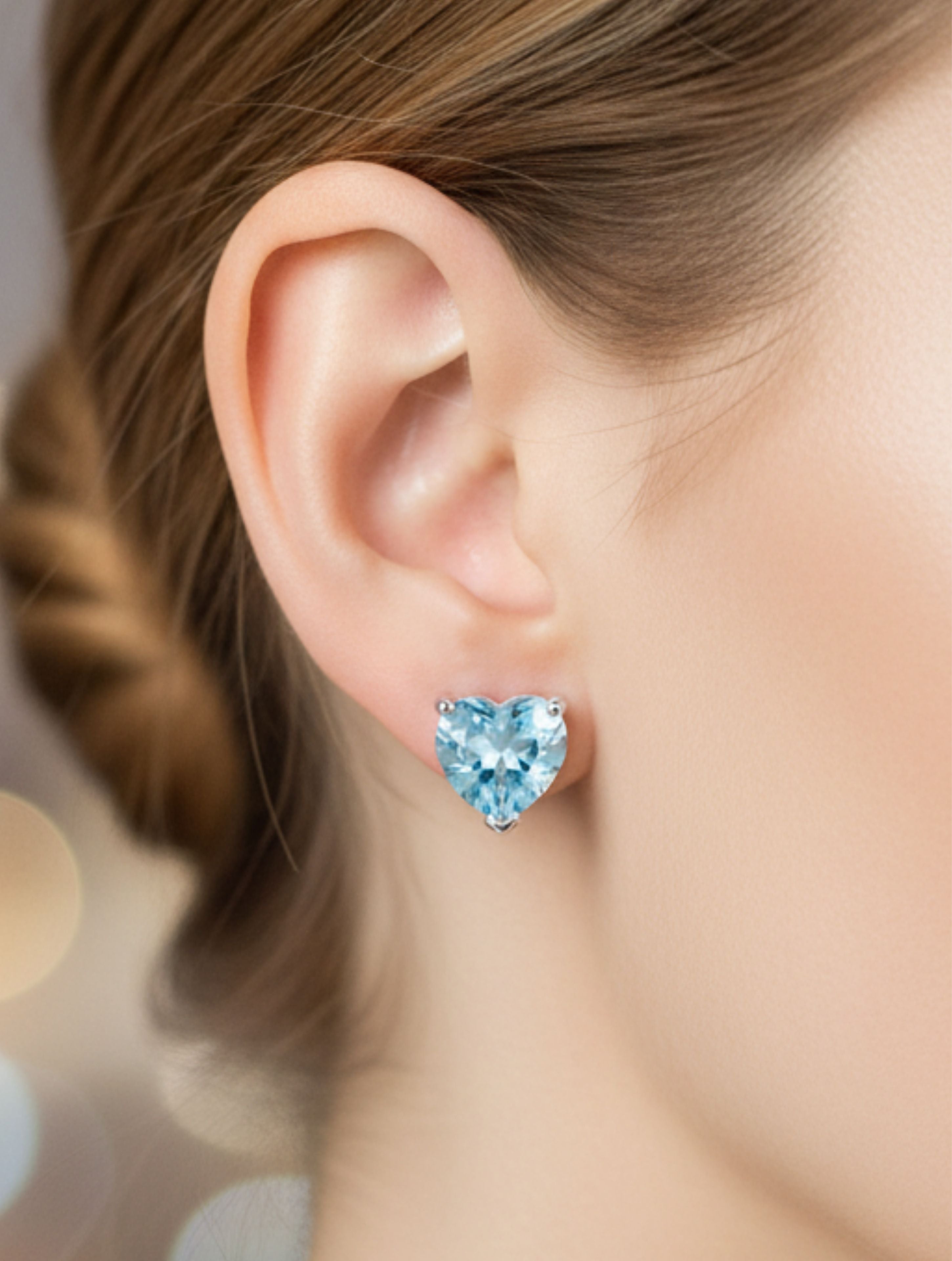 Natural Blue Topaz Stud Heart Shape Earrings in 925 Sterling Silver