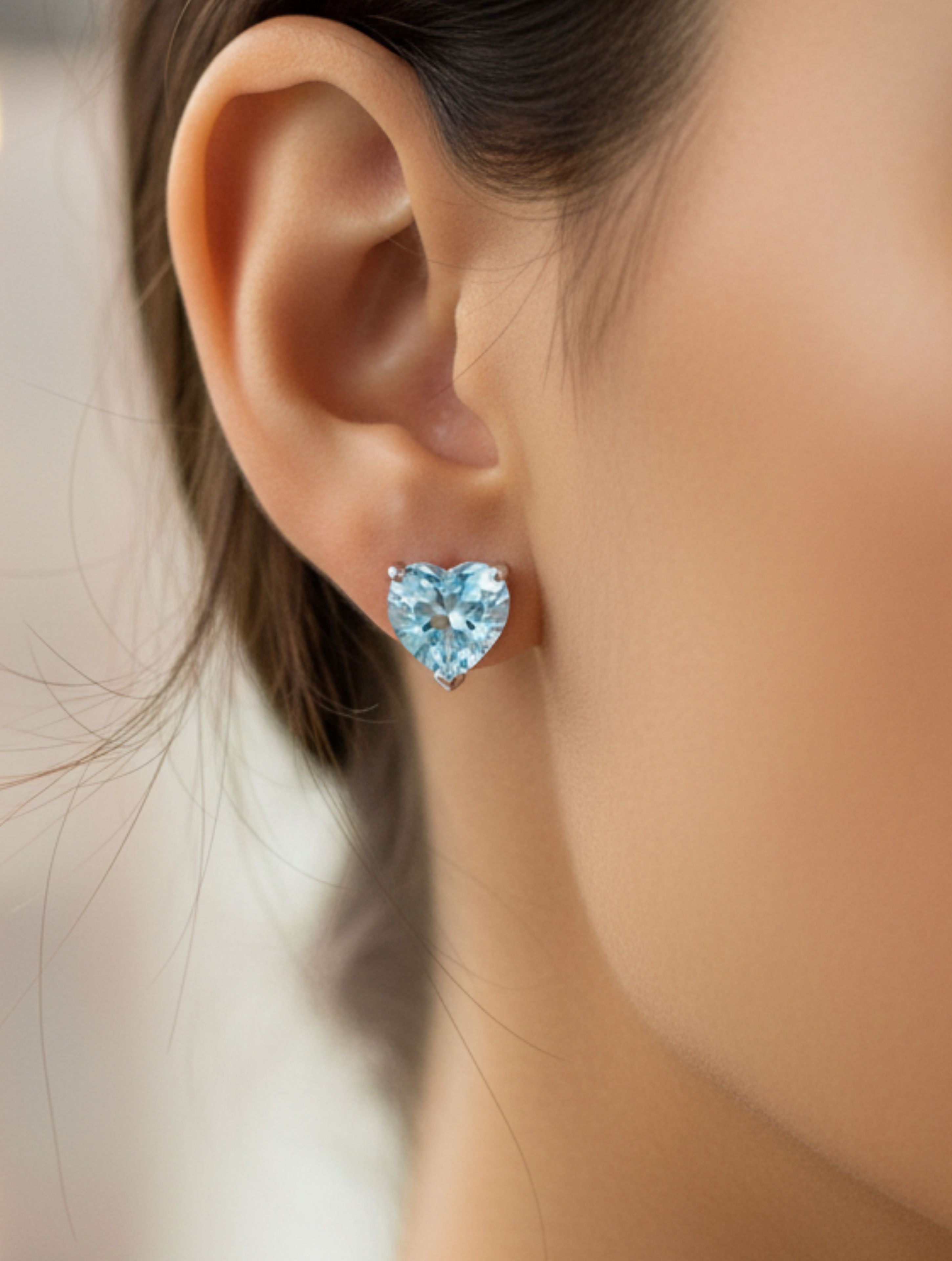 Natural Blue Topaz Stud Heart Shape Earrings in 925 Sterling Silver